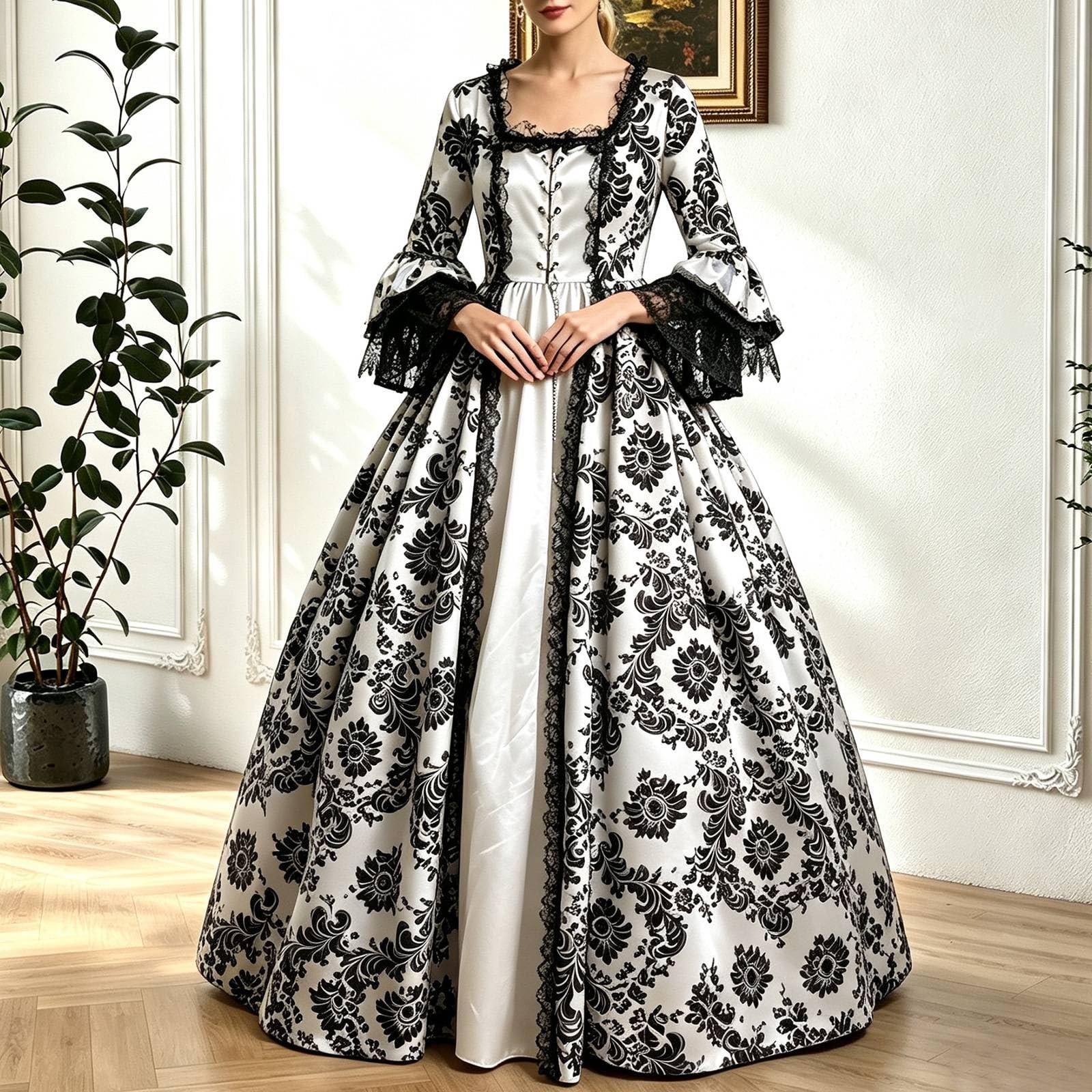 Incantevole abito di corte medievale in pizzo per cosplay costume da strega con maniche lunghe per