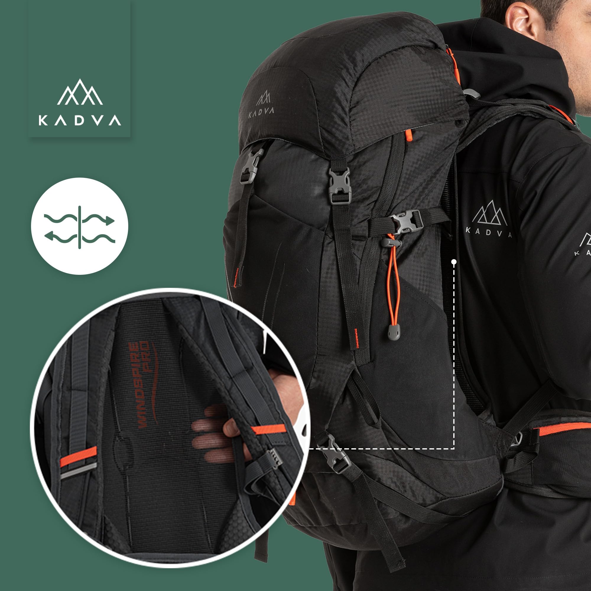 KADVA Vagabundo Mochila de trekking de 40 l, sistema de transporte Windspire Pro, material hidrófobo, funda para lluvia, correas exteriores.