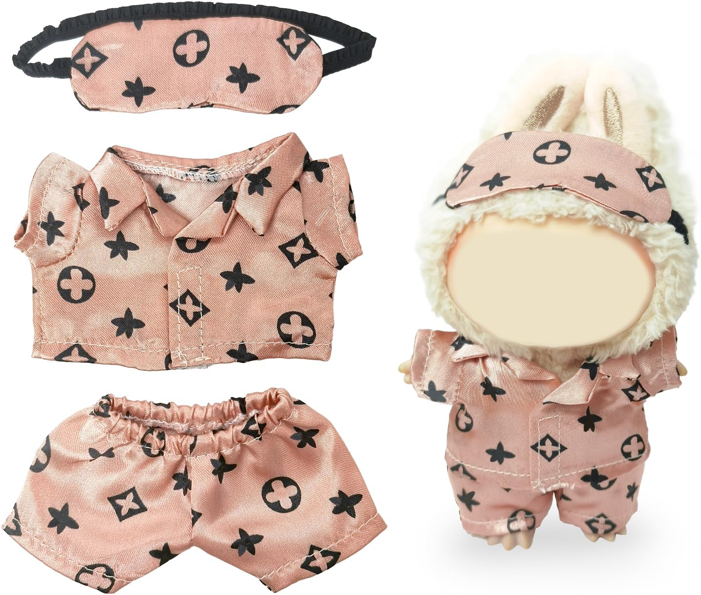 Clothes Compatible with LABUBU Doll - 3PCS Classic Set, 17cm Doll Clothes Designer Outfit for Cozy Night Theme, Stylish Luxury Pajama Accessories for Labubu, No Doll (Rosy Sleepwear Set)