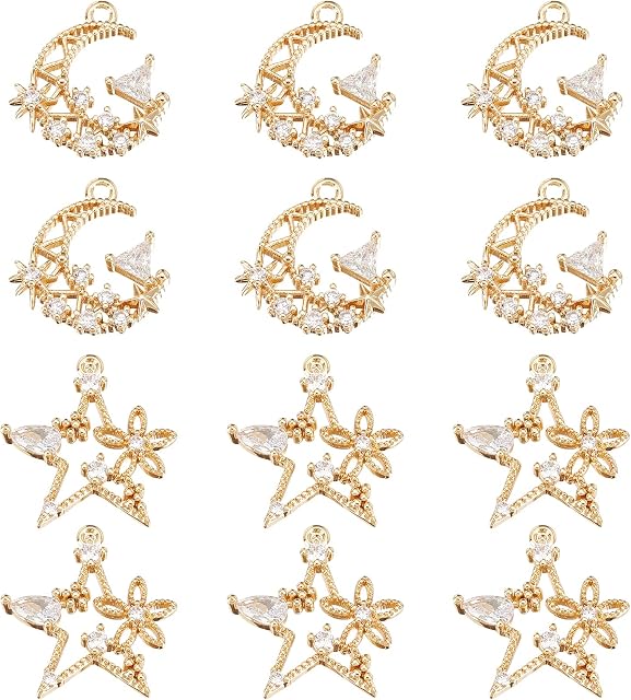 NBEADS 12 Pcs 2 Style Cubic Zirconia Pendant Charms, 18K Gold Plated Moon and Star with Flower Charms Micro Pave Clear CZ Brass Pendant for Jewelry Making