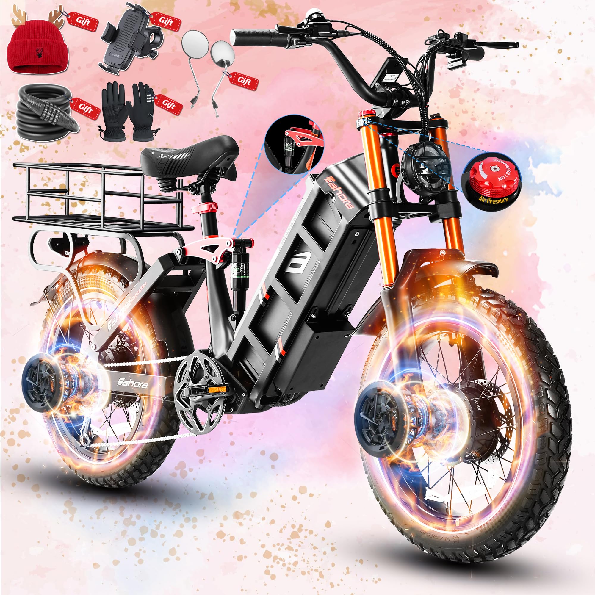 eAhora 2026 Juliet Pro 2 43-31Mph Electric Bike for Adults 5400W Dual Motor Ebike 60V/70Ah 48V/60Ah 200+Miles Long Range Electric Bicycle 20" Fat