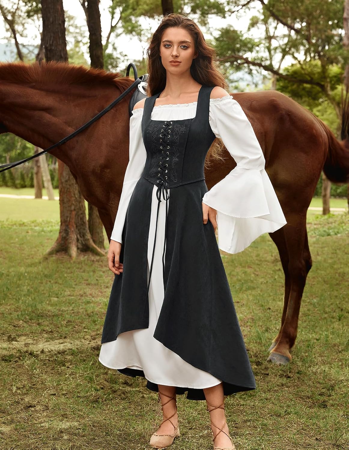 Scarlet Darkness Renaissance Dress Women Pirate Halloween Witchy Cosplay Overdress with Pockets - Image 8