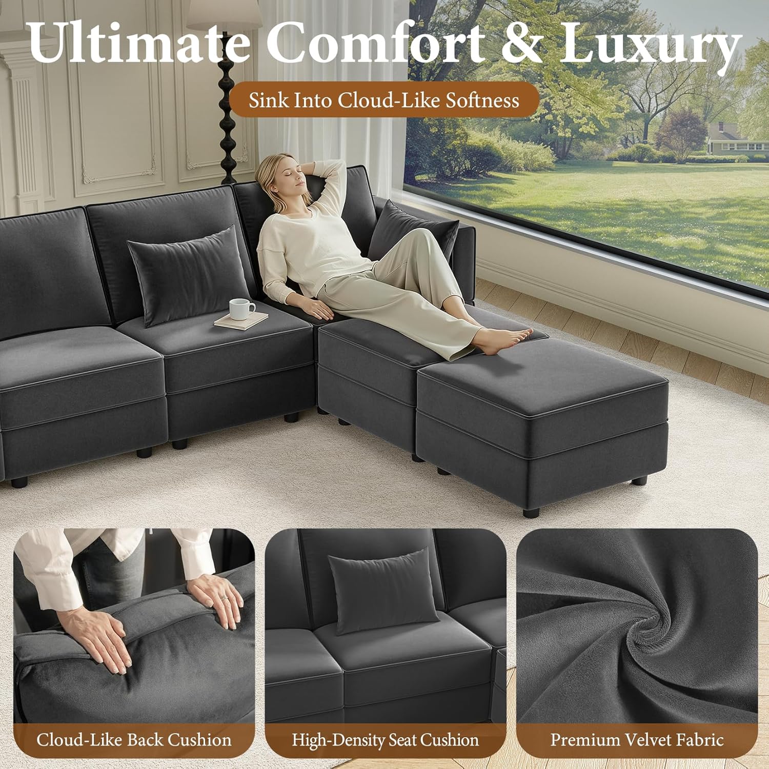 Vesgantti Sectional Sleeper Sofas with Storage, 92" Sofa Bed with 6 Seats Storage Chaises Removeble Cover, Deep Seat Modular Couches Velvet Couch Set for Living Room, Apartment, Home Theatre, Grey