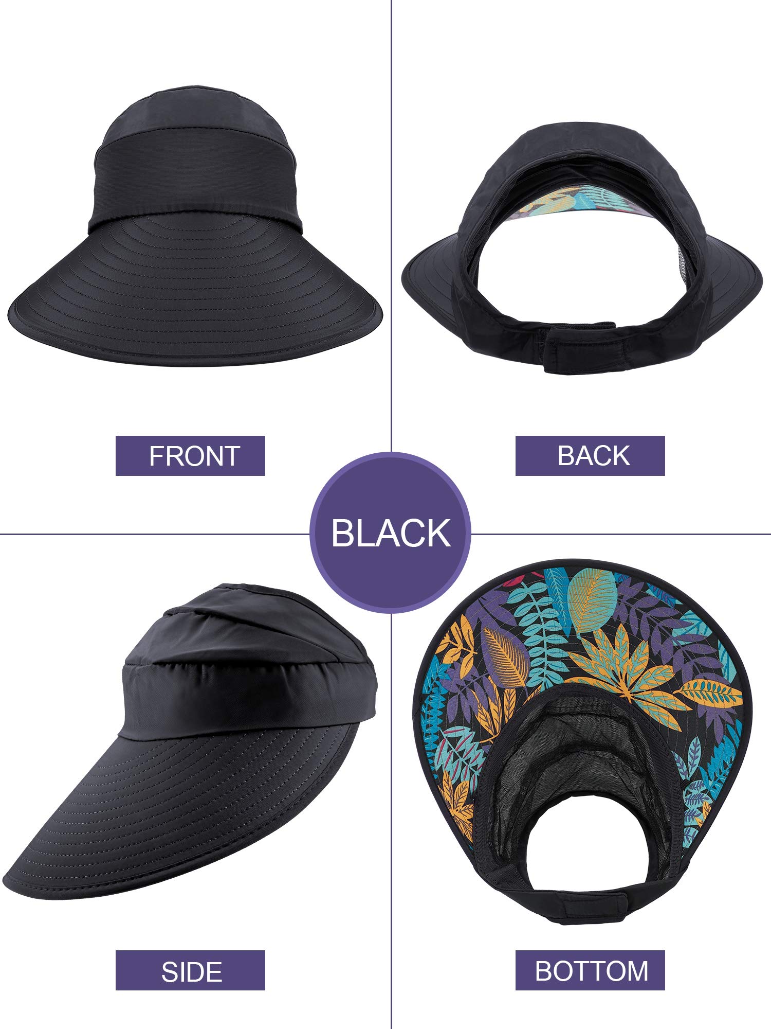 2 sombreros con visera para el sol, gorras de protección UV, sombrero de playa de ala ancha para mujer, multicolor, [Negro, Caqui] 5