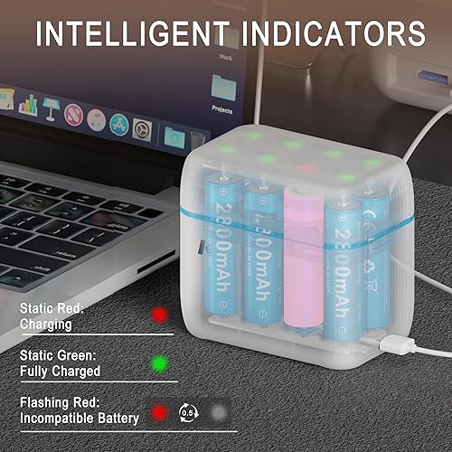 Miniatura 6 de Paquete de 8 baterías recargables Ni-MH AA con cargador, batería AA Ni-MH de 1.2 V 2800 mAh, batería NiMH doble A, recargable hasta 800 veces,