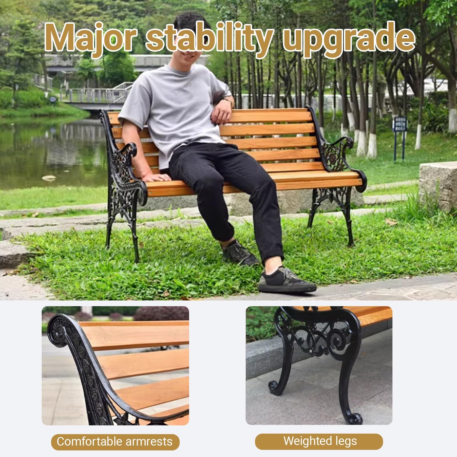 Banco de Parque de Madera Maciza con Respaldo,Banco de Patio Resistente a la Intemperie de Hierro Fundido,Asiento Natural con Listones,Reposabrazos tallados Huecos(B,125cm/47.2in)