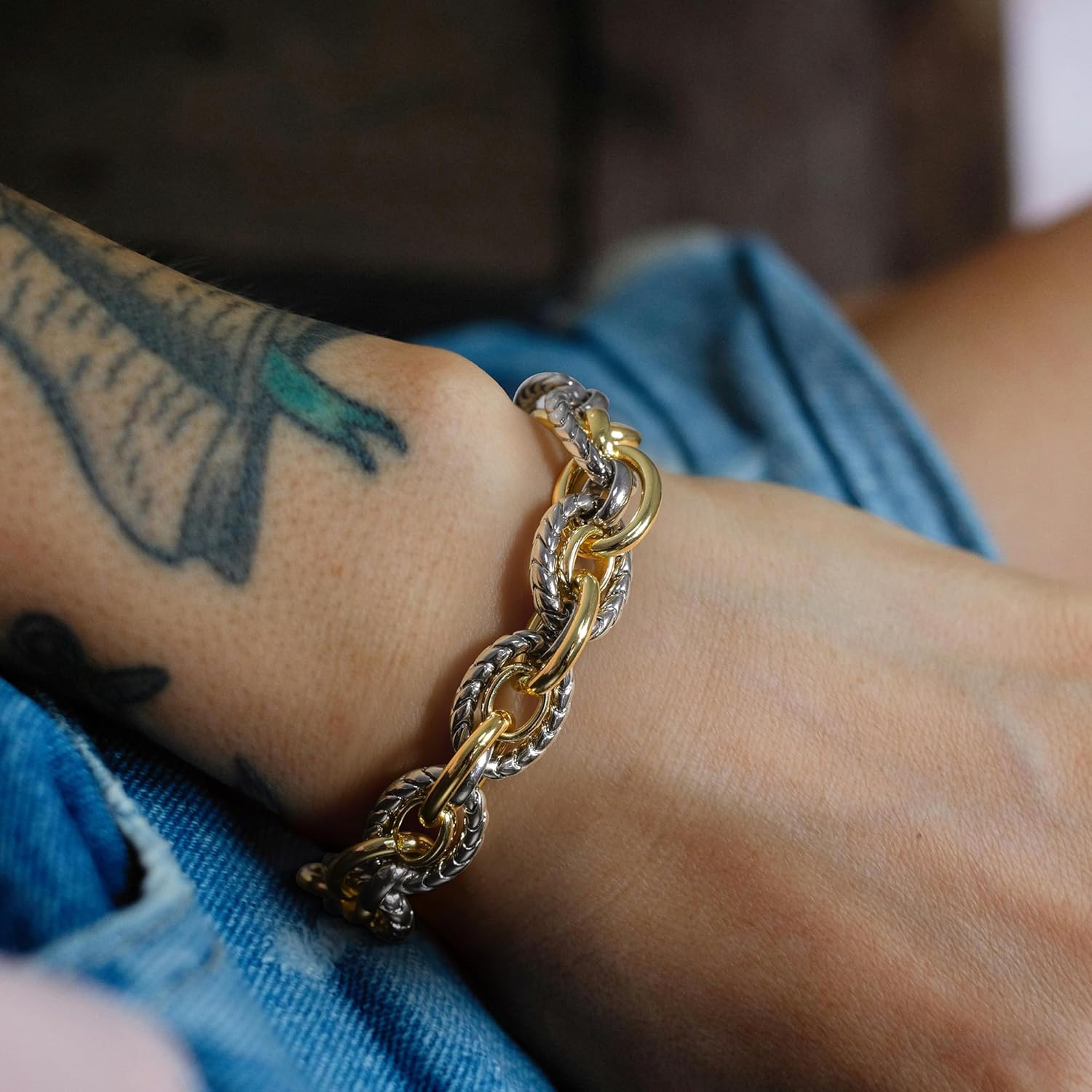 Mytys Link Bracelet for Women Gold and Silver 2 tone Circles Chain Wire Bangle Bracelets - Image 2