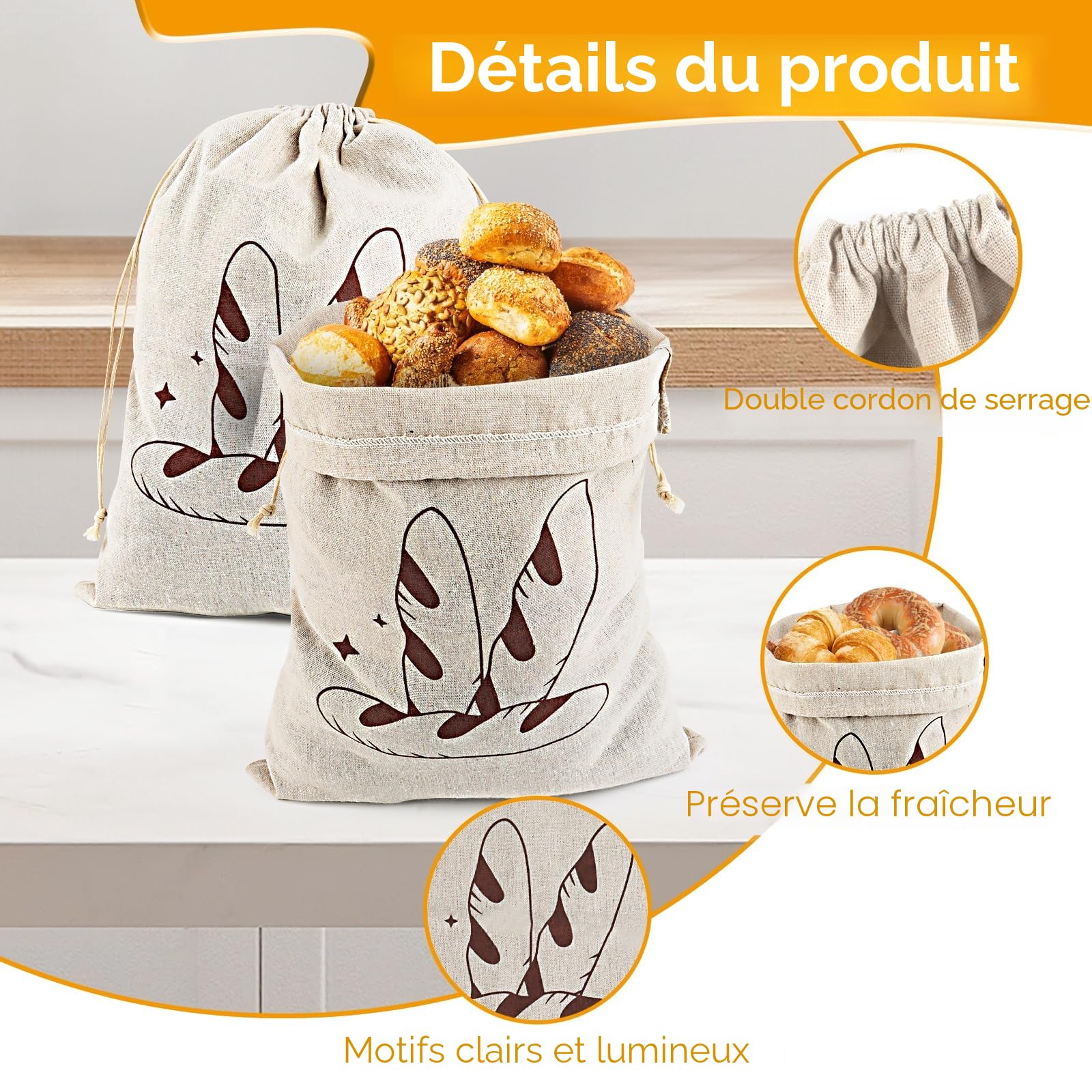 Sacs à Pain en Lin avec Cordon de Serrage Réutilisables Lot de 4 - 30x40 cm et 14.5x63 cm