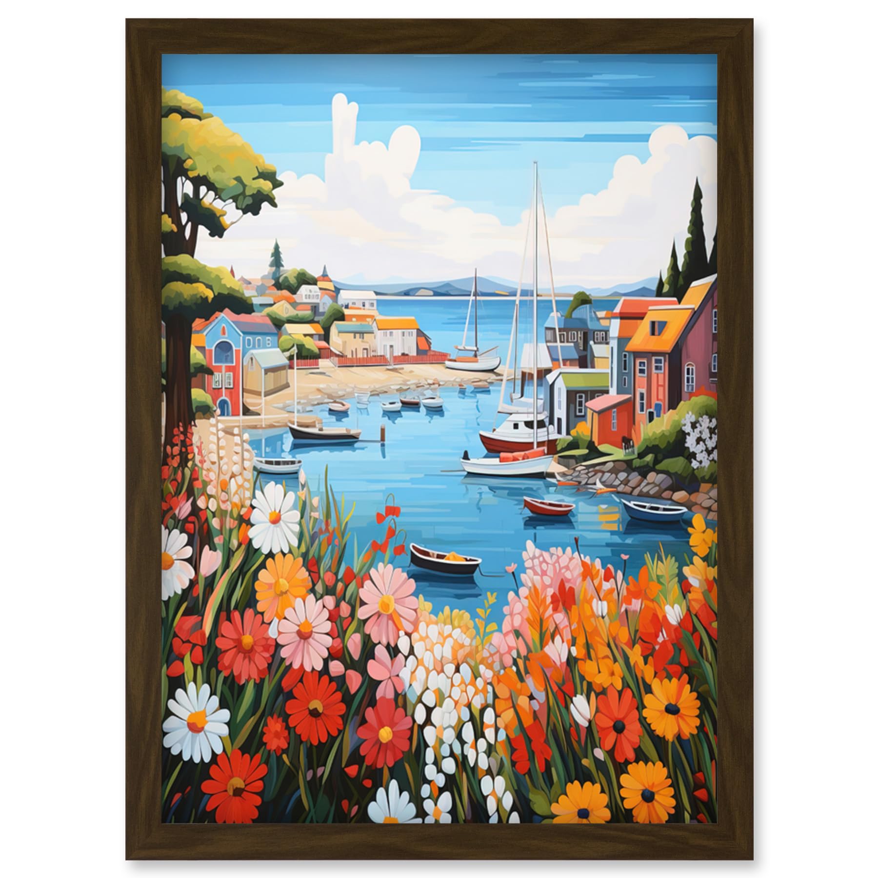 Artery8 Idyllic Scenic Seaside Fishing Village Bright Oil Painting Orange Pink Blue Bathroom Floral Artwork Harbor Bay Boats Coastal Landscape Artwork Framed Wall Art Print A4
