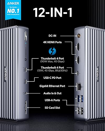 Miniatura 2 de Anker Apex 12 en 1, Thunderbolt 4 Dock, carga máxima de 90 W para laptop, suministro de energía de 20 W, pantalla individual 8K, pantalla triple 4K,