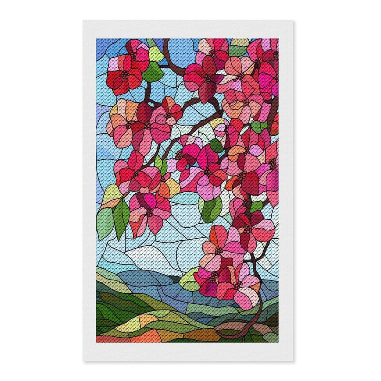 Junmoney Stained Glass Spring Blossoms Diamond Painting Kit 12"x20", Easy Handmade Project, Cosy Home Accent, for Craft Lovers, Holiday Gift Idea
