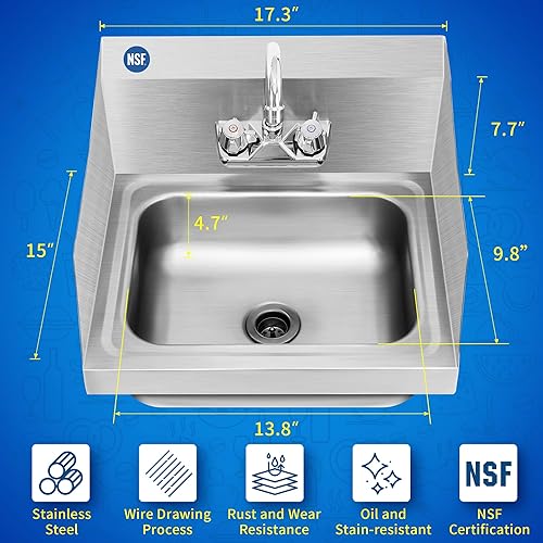 Miniatura 2 de Fregadero de acero inoxidable NSF 17 "x 15" Fregadero comercial de montaje en pared, con protector de salpicaduras lateral, colador y grifo,