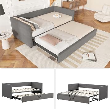 3ft DayBed with Trundle, Grey Velvet Sofa Bed, Single to Double, Space-Saving Guest Bed - 90x190cm