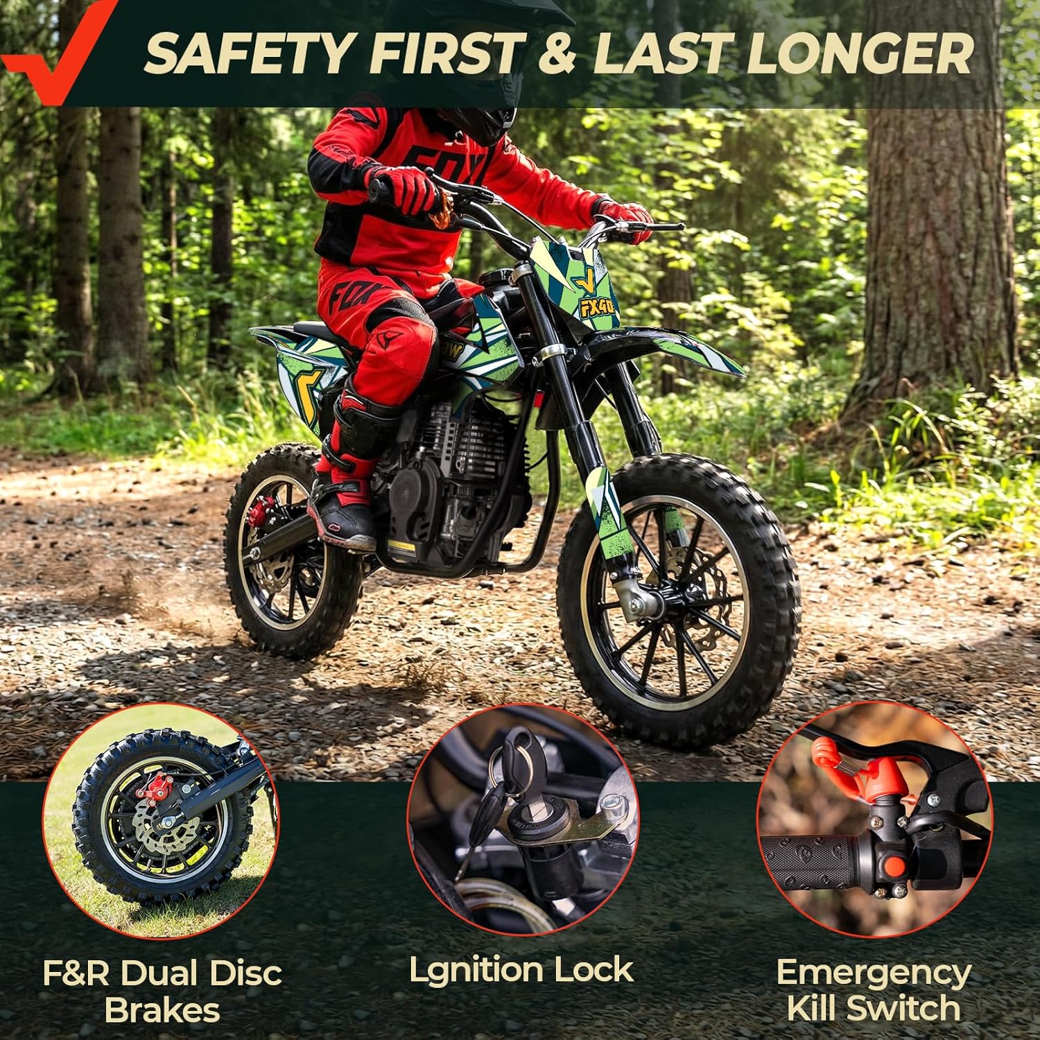 FRP FX40-Ogemaw Kids Dirt Bike, EPA Approved 40CC 4-Stroke Gas Mini Dirt Bike with Dual Disc Brakes, Off-Road Bike for Ages 13+, 20 MPH Max Speed, 132 LBS Capacity - Green