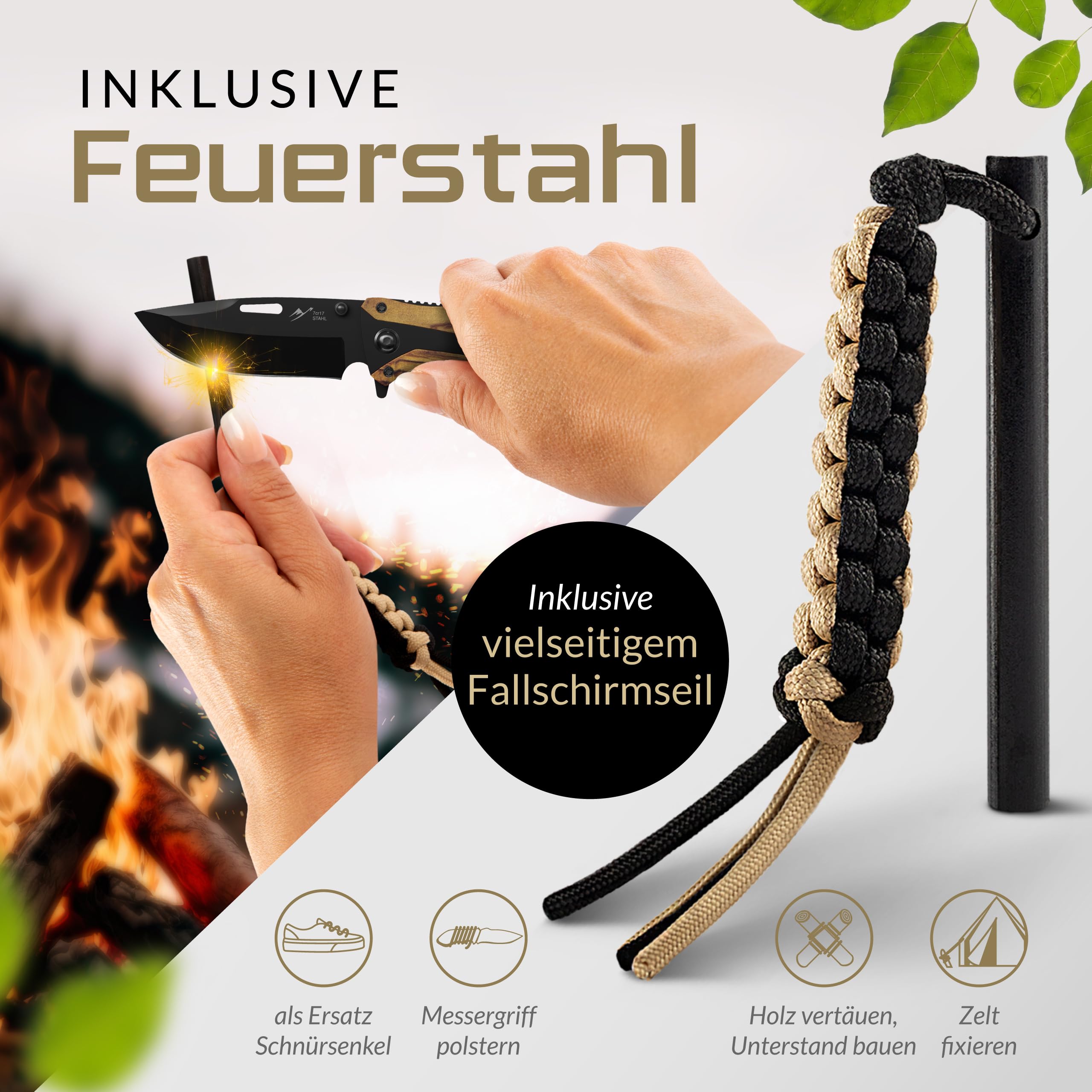BERGKVIST® K29 Klappmesser Tiger (Einhandmesser) - 3-in-1 Taschenmesser aus Echtholz für Outdoor, Camping & Survival - ausgezeichnet mit dem Bronze A' Design Award 2021 - inkl. Feuerstahl & Tasche