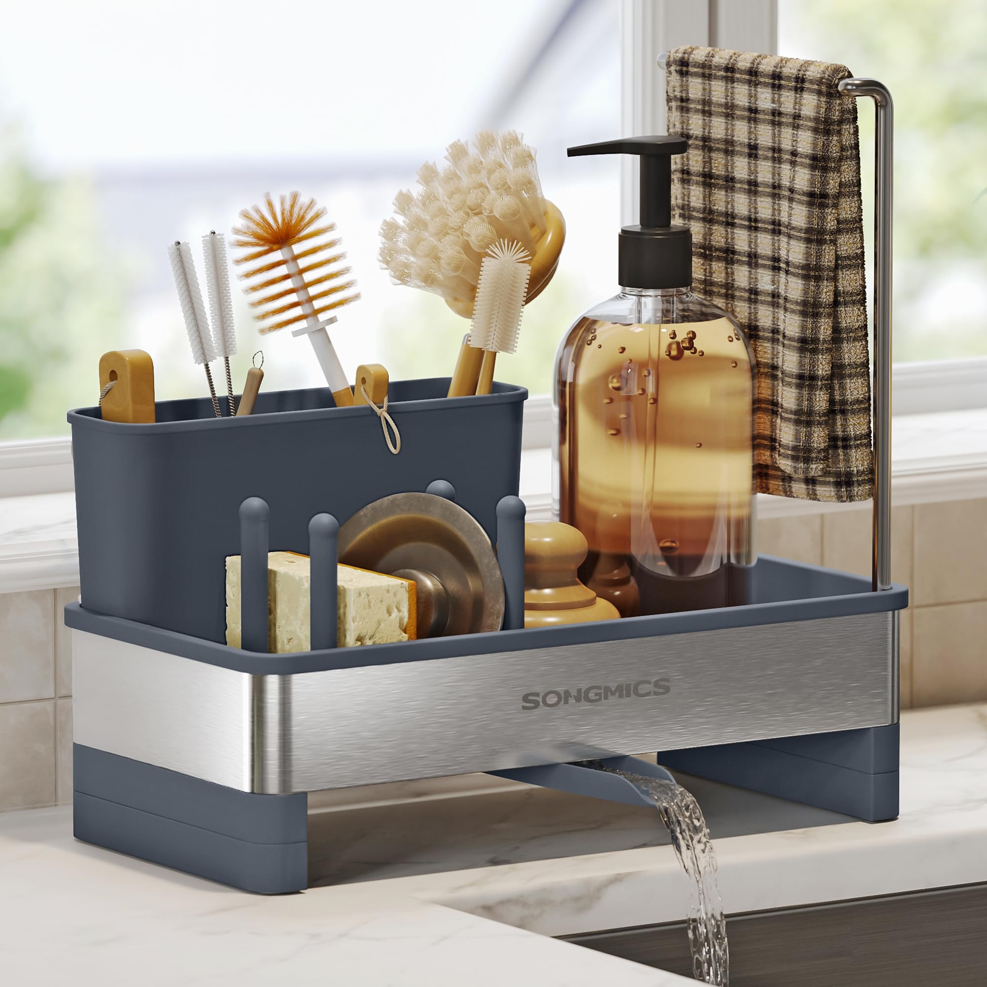 Sink caddy organiser with Sponge Holder, Slate Grey + Silver