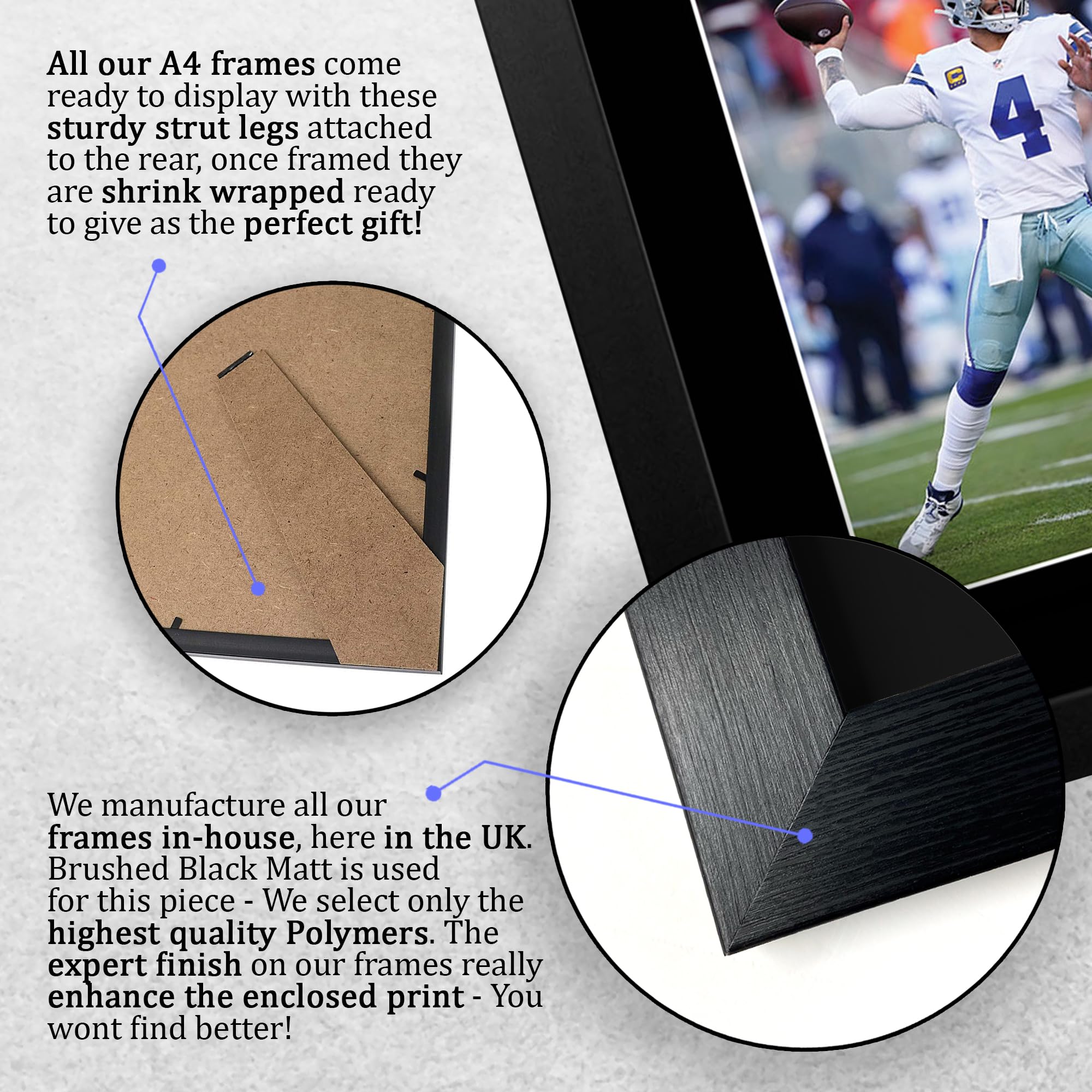 HWC Trading Dak Prescott Dallas Cowboys Geschenkidee: Gedrucktes, signiertes Autogrammfoto für Fans von American-Football-Memorabilia - A4 Gerahmt