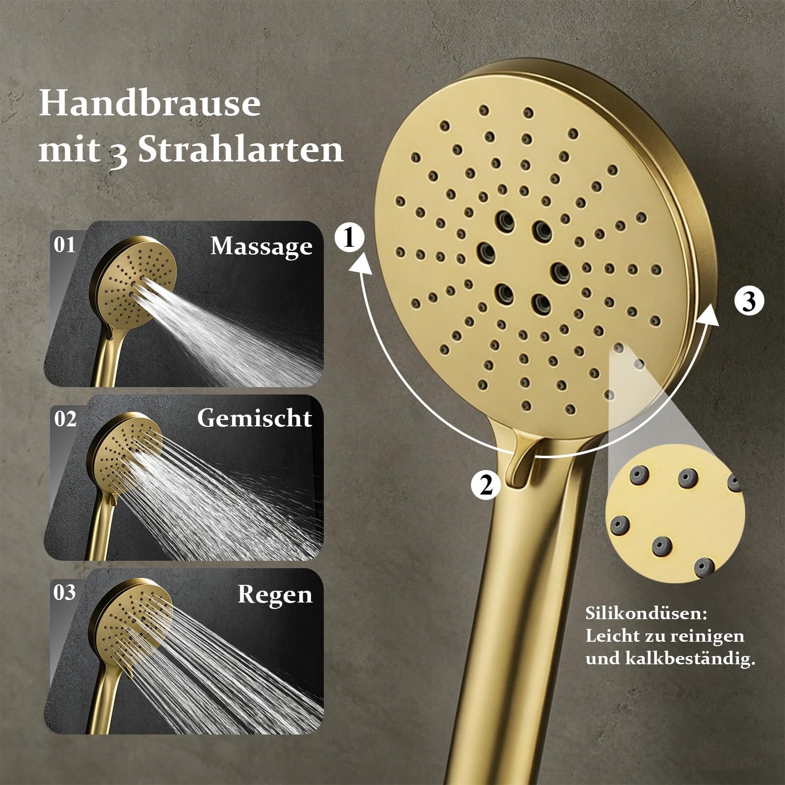 Regendusche mit Armatur Duschsystem Gold mit 3-Funktion Handbrause