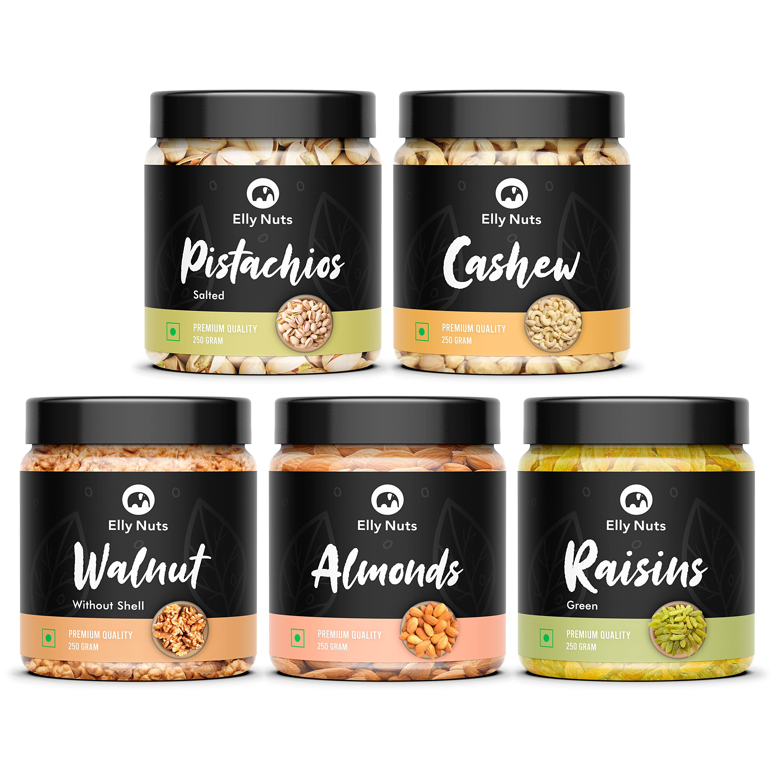 Elly Nuts Dry Fruits Combo Pack 250 gms Each Total Weight 1250 gms- (Salted Pistachios, Cashews, Walnut, California Almonds & Raisins) - [Jar Pack] - Diwali Gift Pack (B09NBSX4D9) Amazon Price History, Amazon Price Tracker