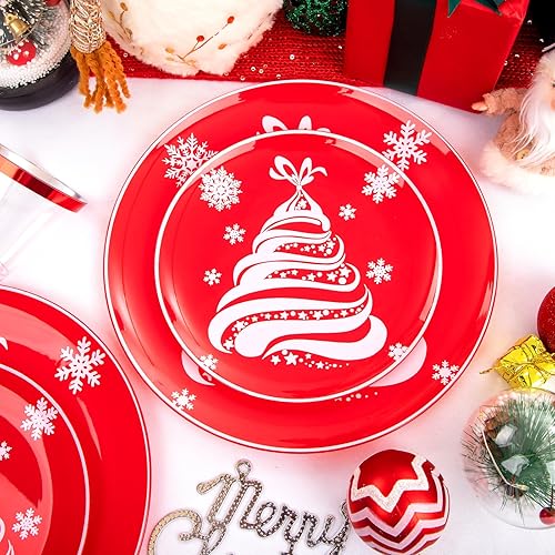 Miniatura 2 de WELLIFE 180 platos de plástico de Navidad, platos de Navidad rojos con diseño de árbol y copos de nieve, los juegos de vajilla de Navidad incluyen