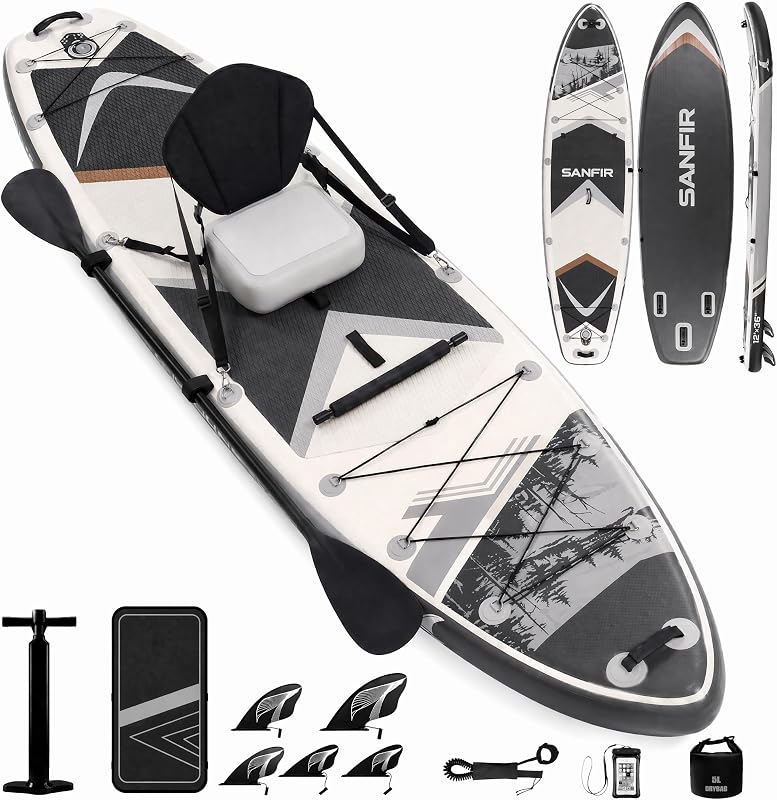 SANFIR SUP inflable 12'x36 500lbs extra ancho con asiento de kayak Gris bosque | 36" de ancho, tapa de 500 lb, plataforma antideslizante. Asiento de kayak inflable, núcleo de punto de caída, 5 aletas, remo, bomba, mochila. Garantía de 2 años.