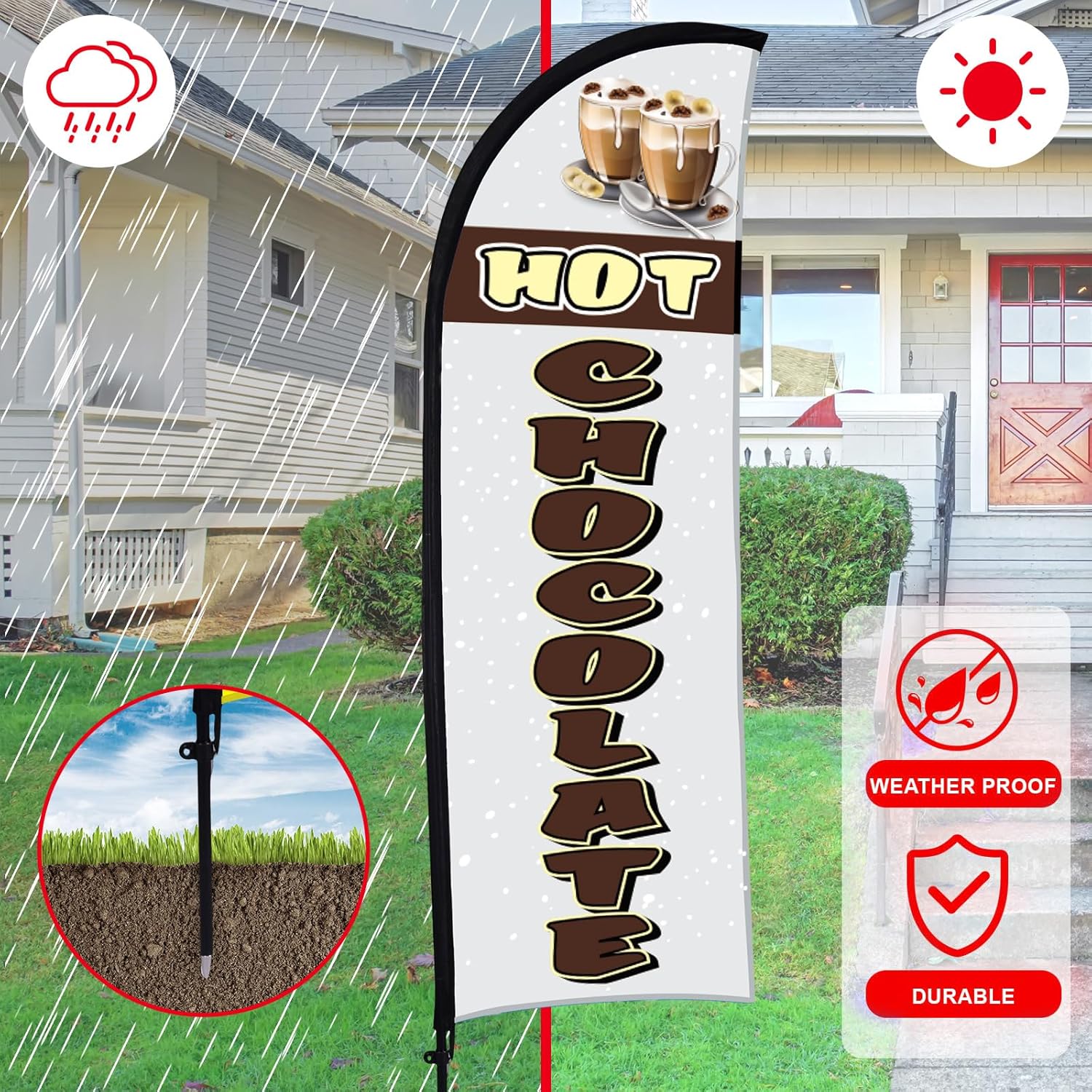 Buryeah 2 Sets Hot Chocolate Feather Flag Pole Kit 7 ft Hot Chocolate Advertising Flag Sign Banner with Flagpole Ground Stake Portable Bag for Diner Restaurant Business Outdoor Advertising