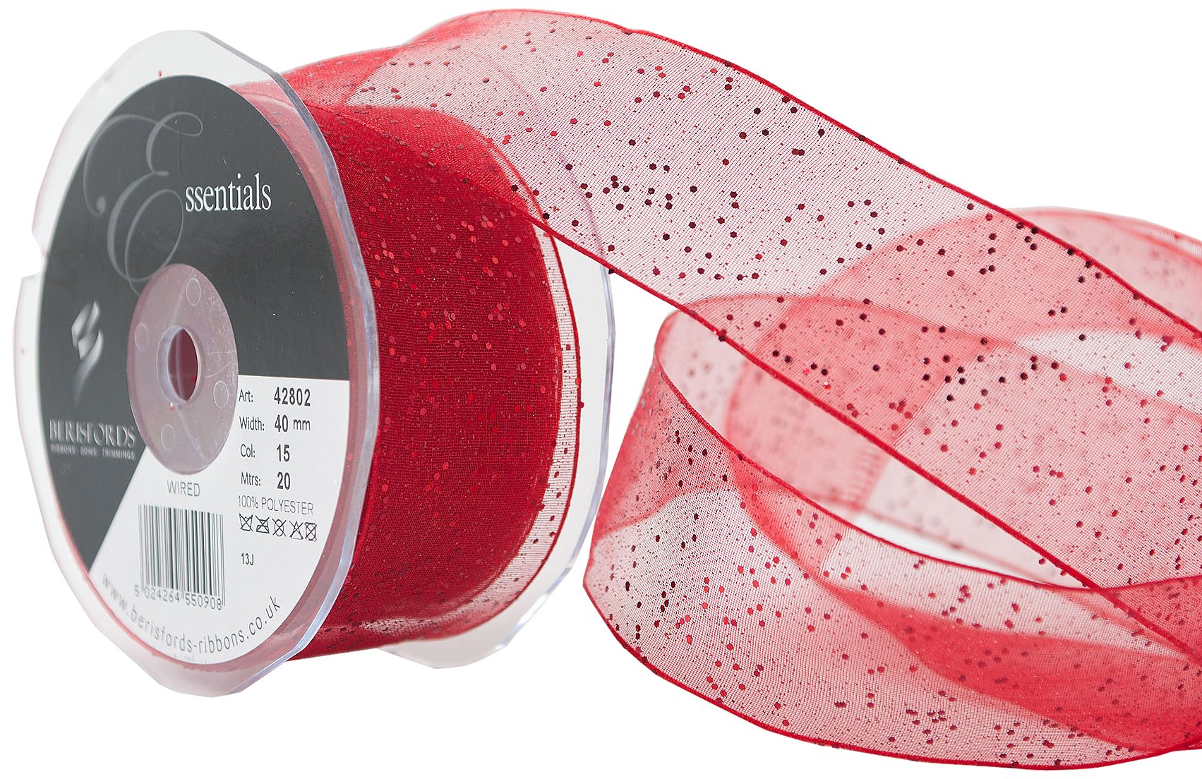 Berisfords 40 mm Random Glitter Wire Edge Ribbon, Red
