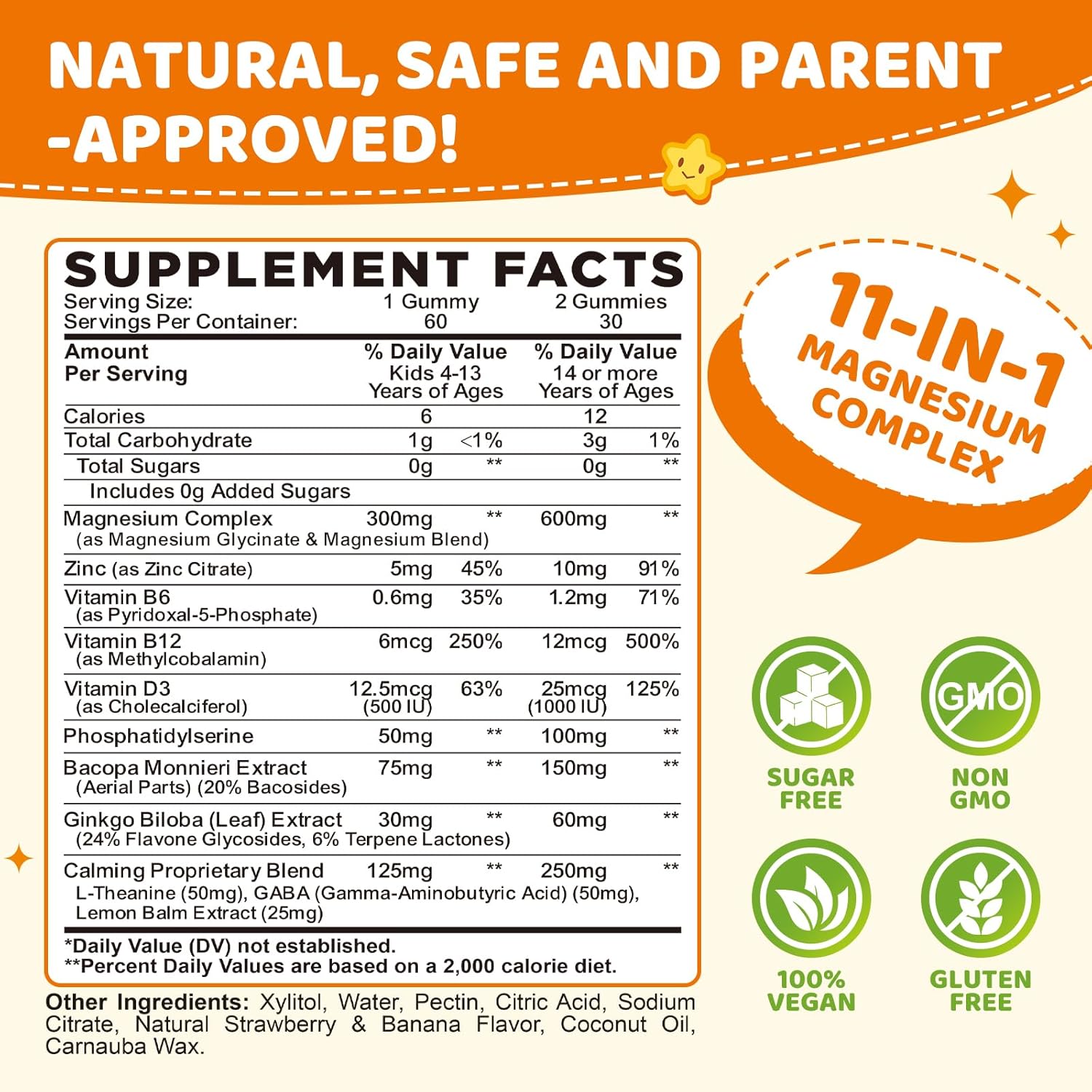 Magnesium Glycinate Gummies for Kids, Brain Supplement for Memory and Focus with Phosphatidylserine, L-Theanine, Zinc for Kids & Adults Sleep Cognition Calm, Strawberry & Banana Flavor 60ct