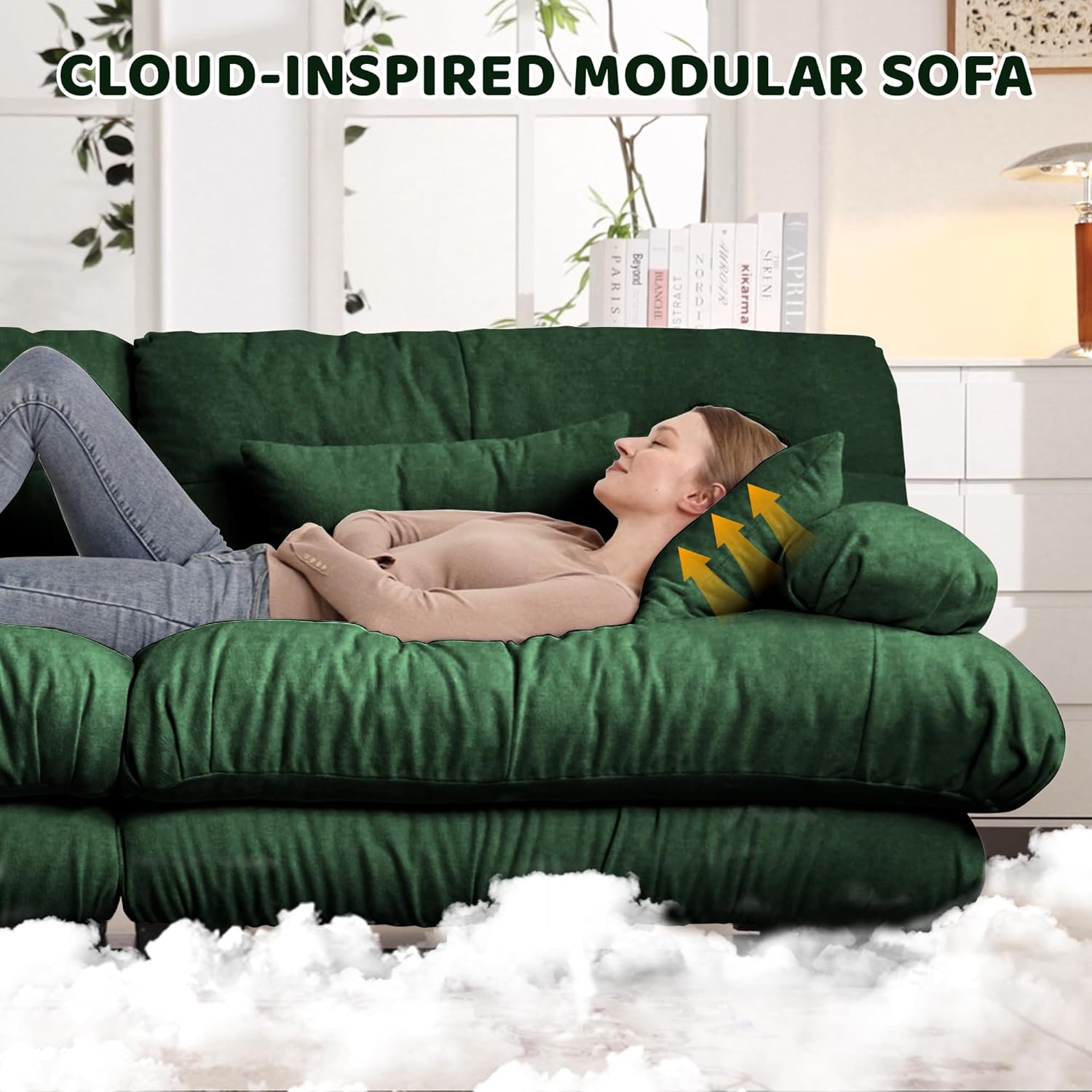 Ball & Cast 133.8" Modular Sectional Sofa,Oversized Couch 3 Seater Sofas,Large L Shaped Sectional Couches for Living Room, Fluffy Chenille Fabirc Cloud Couch with Ottoman, Deep Seat, Green