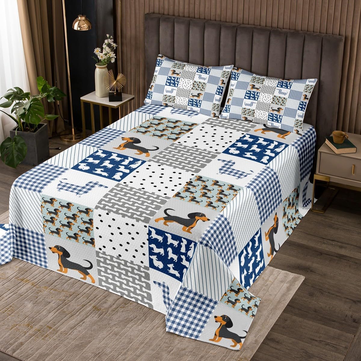 Feelyou Cartoon Dachshund Coverlet Set Cute Puppy Dog Bedspread Geometric Plaid Sausage Dog Quilted Coverlet for Boys Girls Children Teens Dog Animal Blue Quilted Queen Size