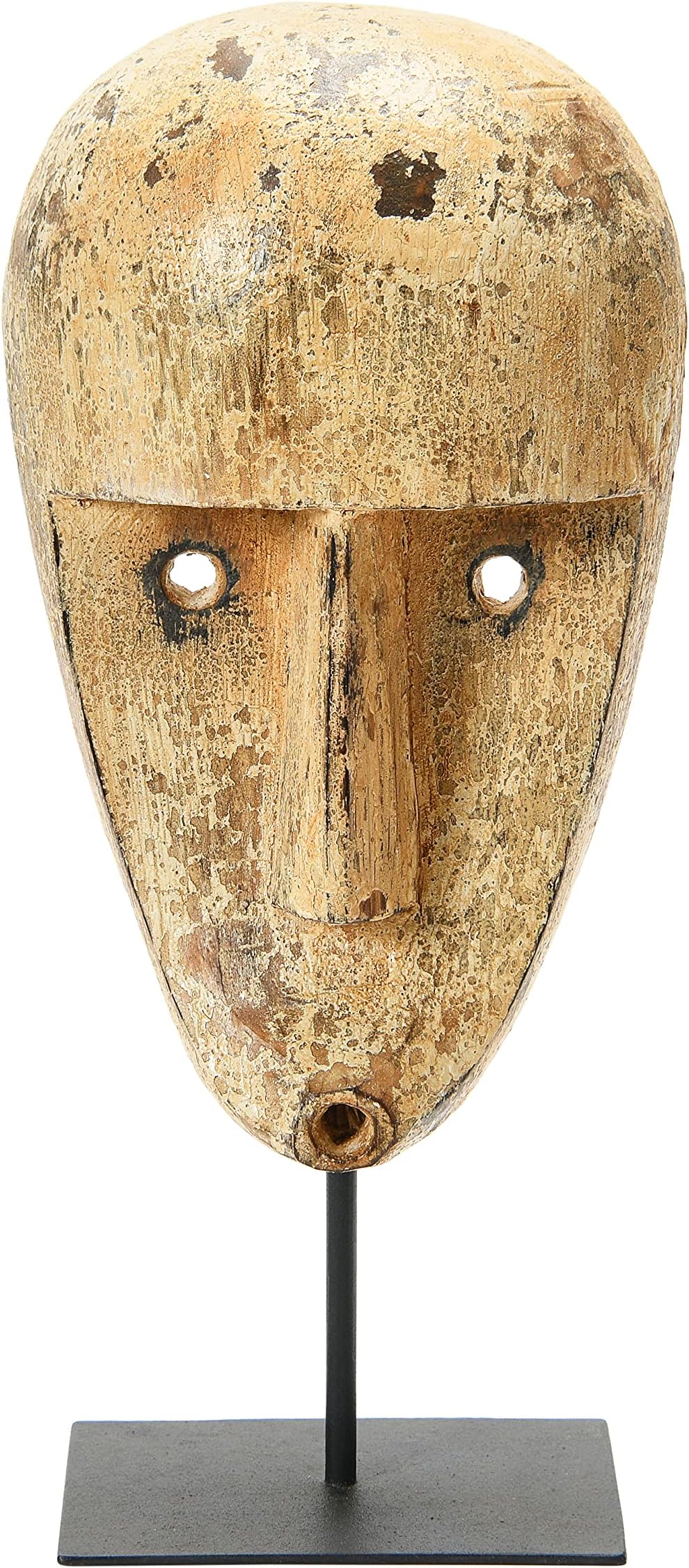 Bloomingville Hand-Carved Decorative Wood Mask on Metal Stand Décor, Cream