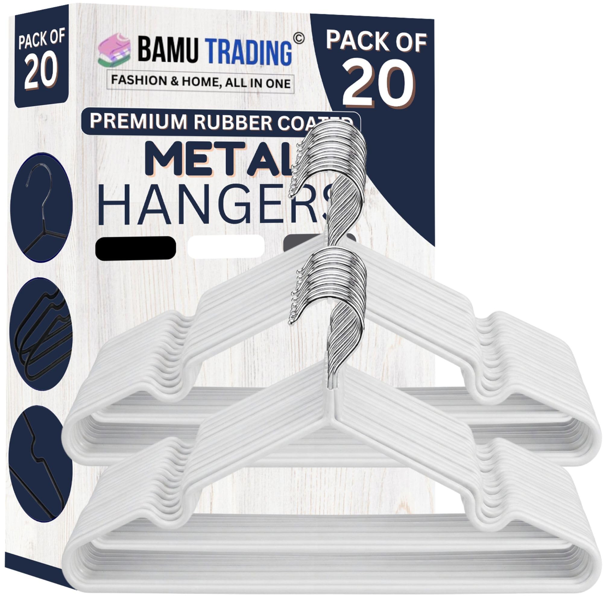 Bamu 20 Pack White Metal Hangers with Rubber Coating - Heavy Duty - Space Saving Organiser Clothes Hangers for Wardrobes (20, White)