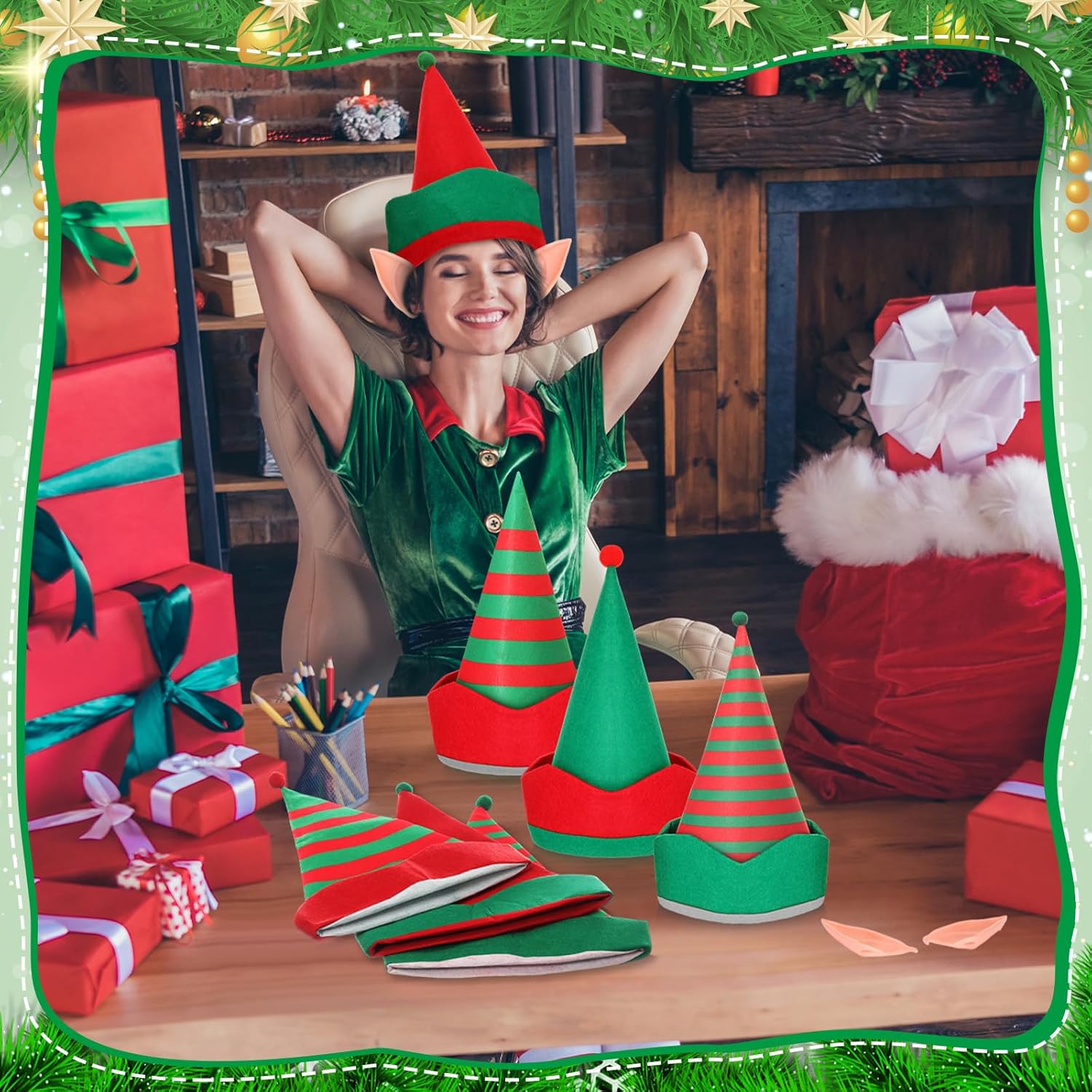 24 Pcs Christmas Elf Felt Hat and Elf Ears Halloween Christmas Costume Accessories Adult Fake Ears Fairy Tale Party