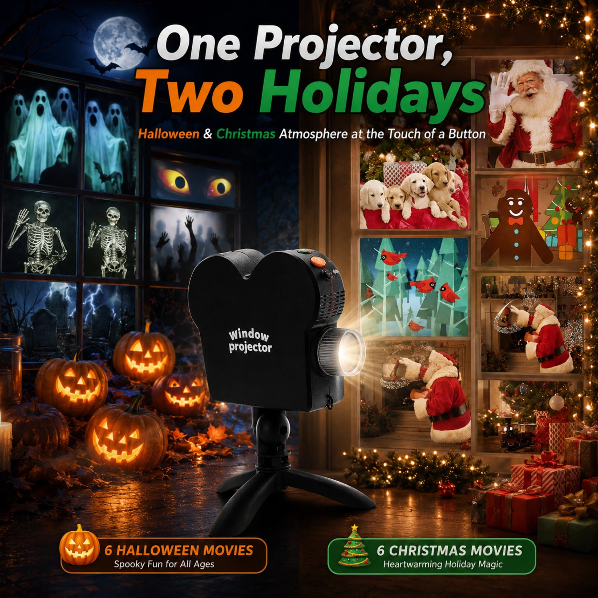 Halloween Projektor Fenster, Rückprojektor mit Stativ & 1,2x1,8m Projektionsleinwand, 6 Halloween & Weihnachts Motive, Horizontal/Vertikal Projektion für Fenster, Zuhause und Party Dekoration