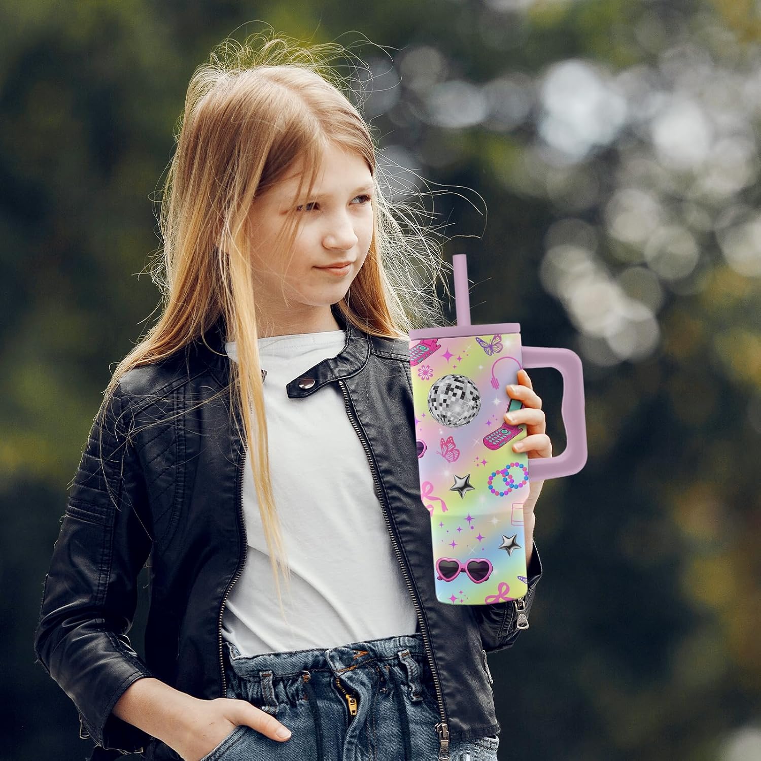 Hiboss Birthday Gifts for 10 Year Old Girls, in My Double Digits Era Tumbler with Handle 24oz, 10th Birthday Gifts for Girls, Iridescent Girl Music Disco Theme Party Cup - Image 3