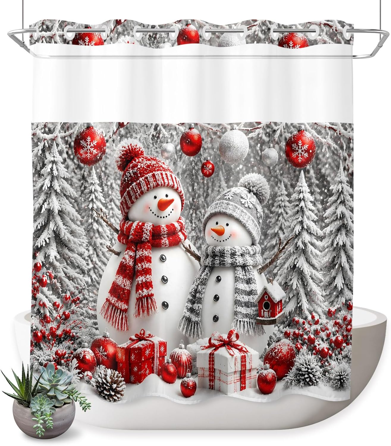 Snowman Christmas No Hook Shower Curtain Gray Pine Tree Red Gift Box Snow Land Snowflakes Shower Curtain with See Through Top Window, Waterproof Washable Curtain for Bathroom Hotel Decor, 66Wx72L