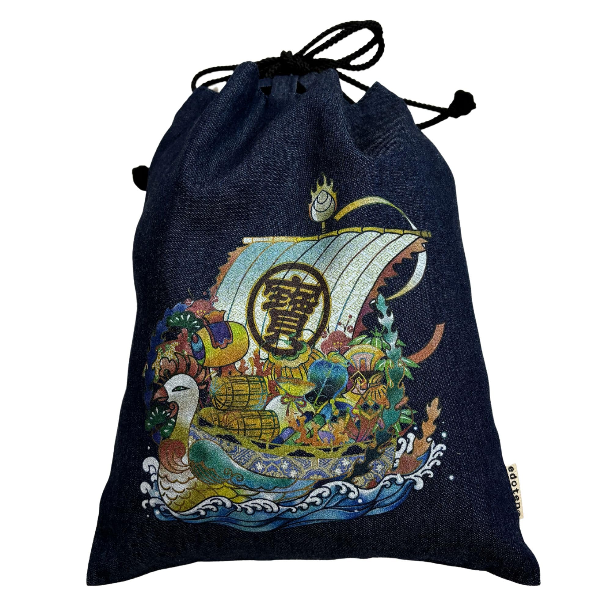 Edoten Drawstring pouch Cloth bag Cotton 100% 4.5 oz Yarn-dyed thin denim fabric Shrine stamp book bag Inner pocket Men's Ladies' Printed pattern : Treasure ship color