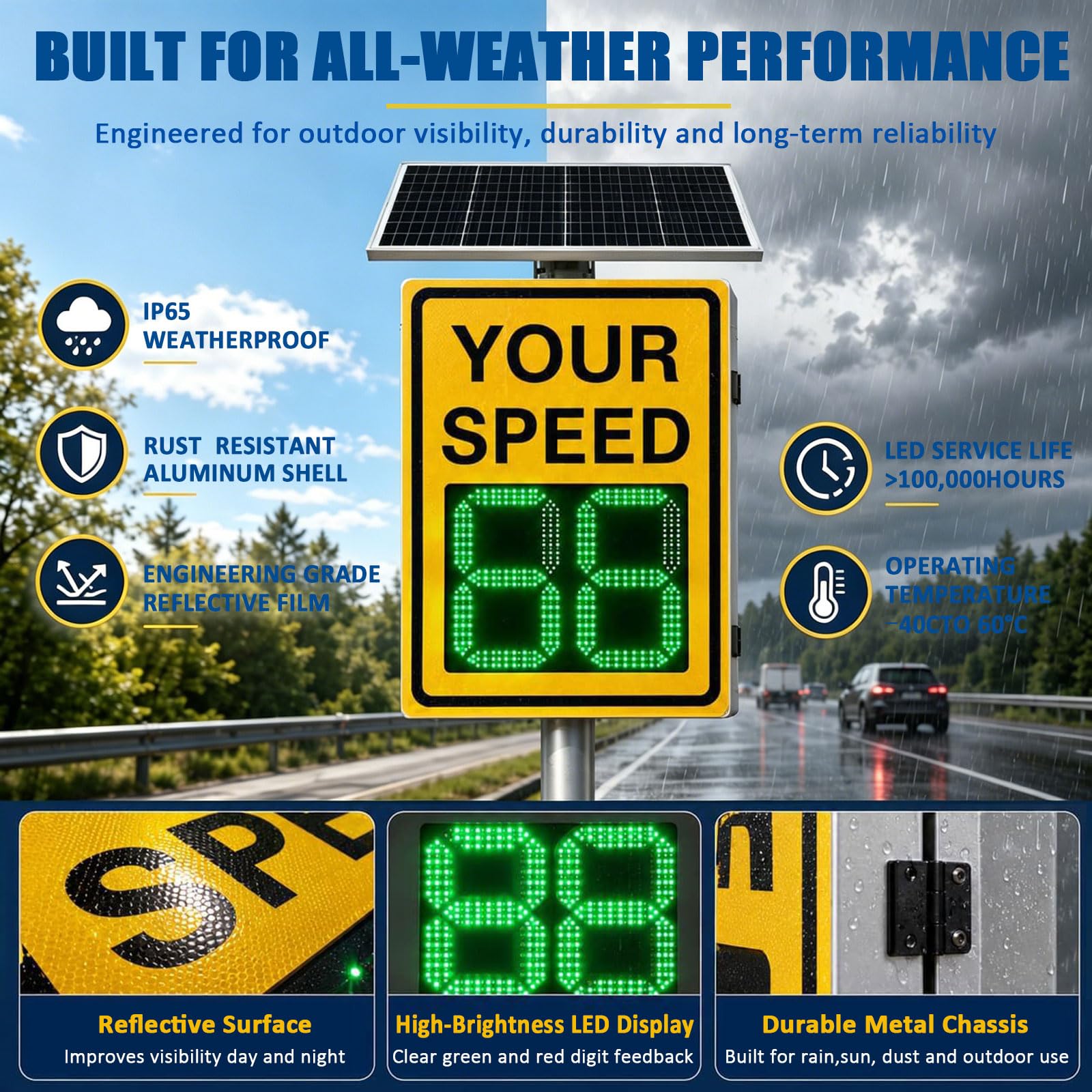 Señales Digitales de Detector Velocidad Rader, Señal Visualización Radar LED con Energía Solar, Resistente Al Agua IP65, Límite Máximo Ajustable for Seguridad Vial (White,23,6“x35,4“)