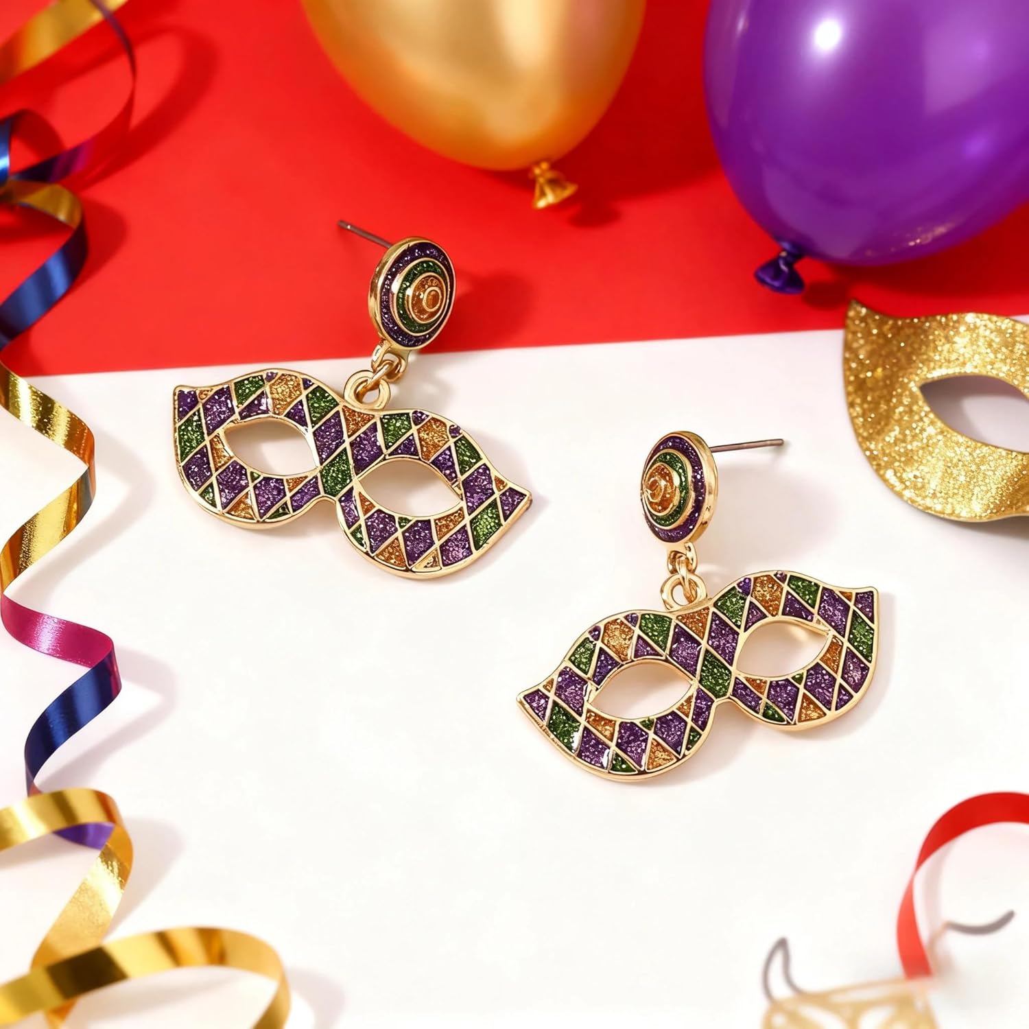Mardi Gras Mask Hat Earrings for Women, Enamel Carnival Festival Drop Dangle Earrings, Purple Green Gold Party Statement Jewelry Gift - Image 6