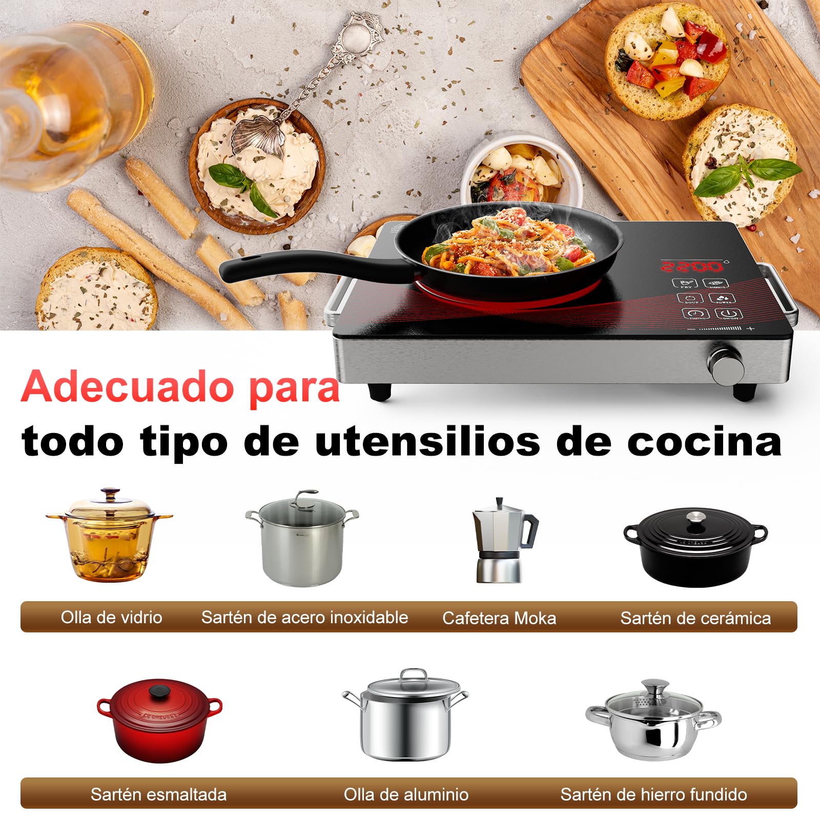 Placa Eléctrica 1 Fuego, Placa Vitrocerámica Infrarroja Portátil con Control Táctil y Perilla, Temperatura Ajustable para Cocina y Camping, RR-912-Black