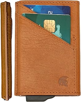 – Card Holder Wallet. Light Brown Vegan Leather RFID Card Holder for Men. Minimalist Wallet Credit Card Holders for Men. Pop Up Metal Slim Walet Credit Card Holder