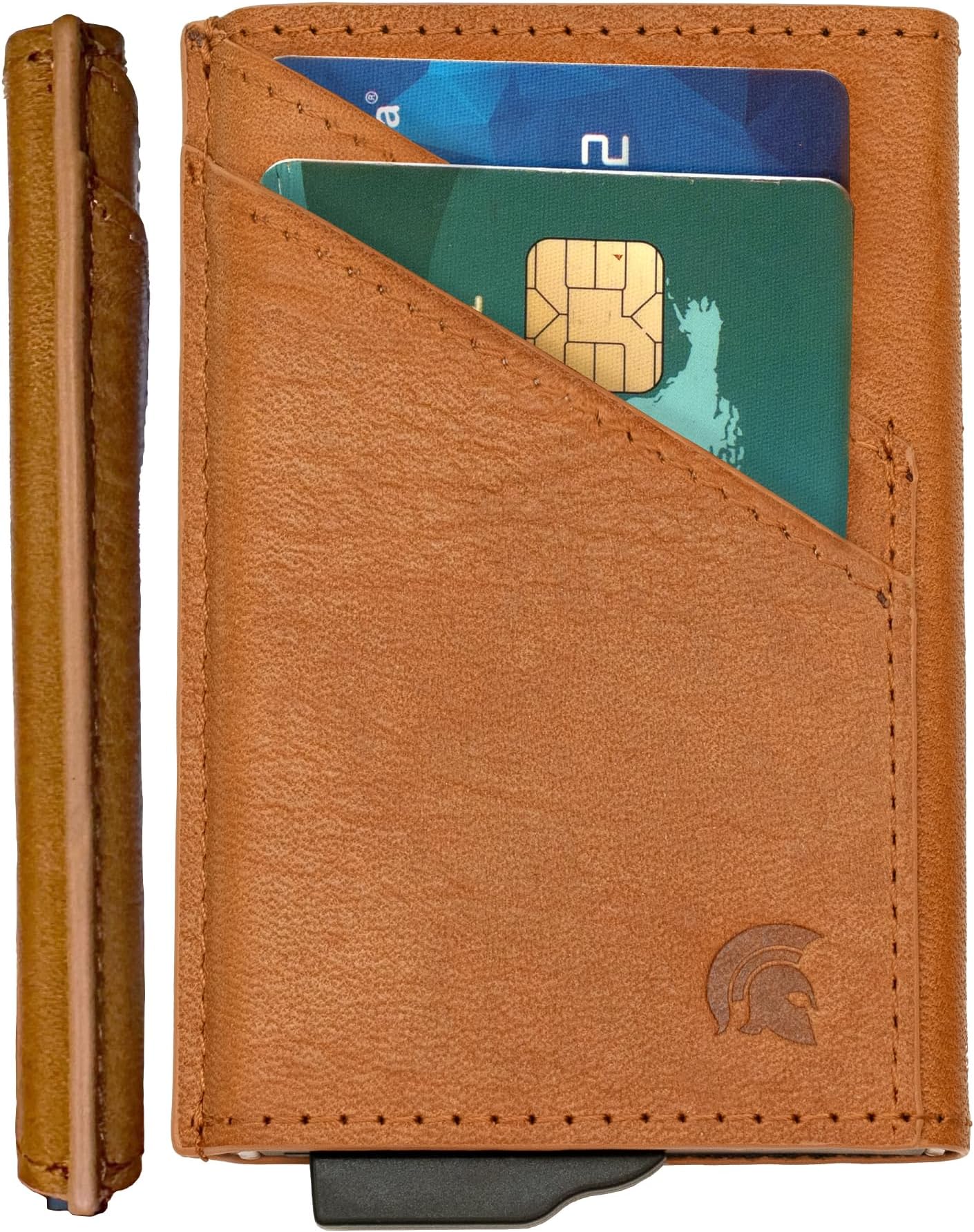 POWR Card Holder Wallet. Light Brown Vegan Leather RFID Card Holder for Men. Minimalist Wallet Credit Card Holders for Men. Pop Up Metal Slim Walet Credit Card Holder
