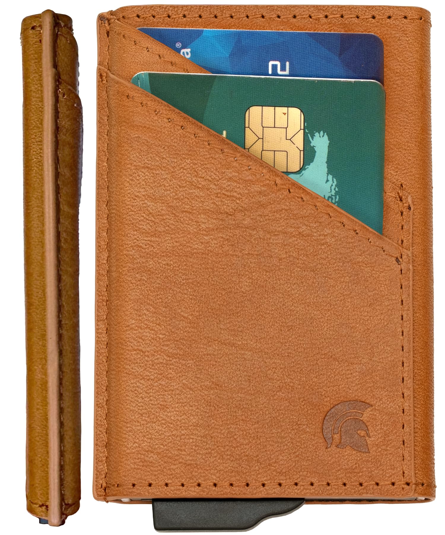 POWR Card Holder Wallet. Light Brown Vegan Leather RFID Card Holder for Men. Minimalist Wallet Credit Card Holders for Men. Pop Up Metal Slim Walet Credit Card Holder