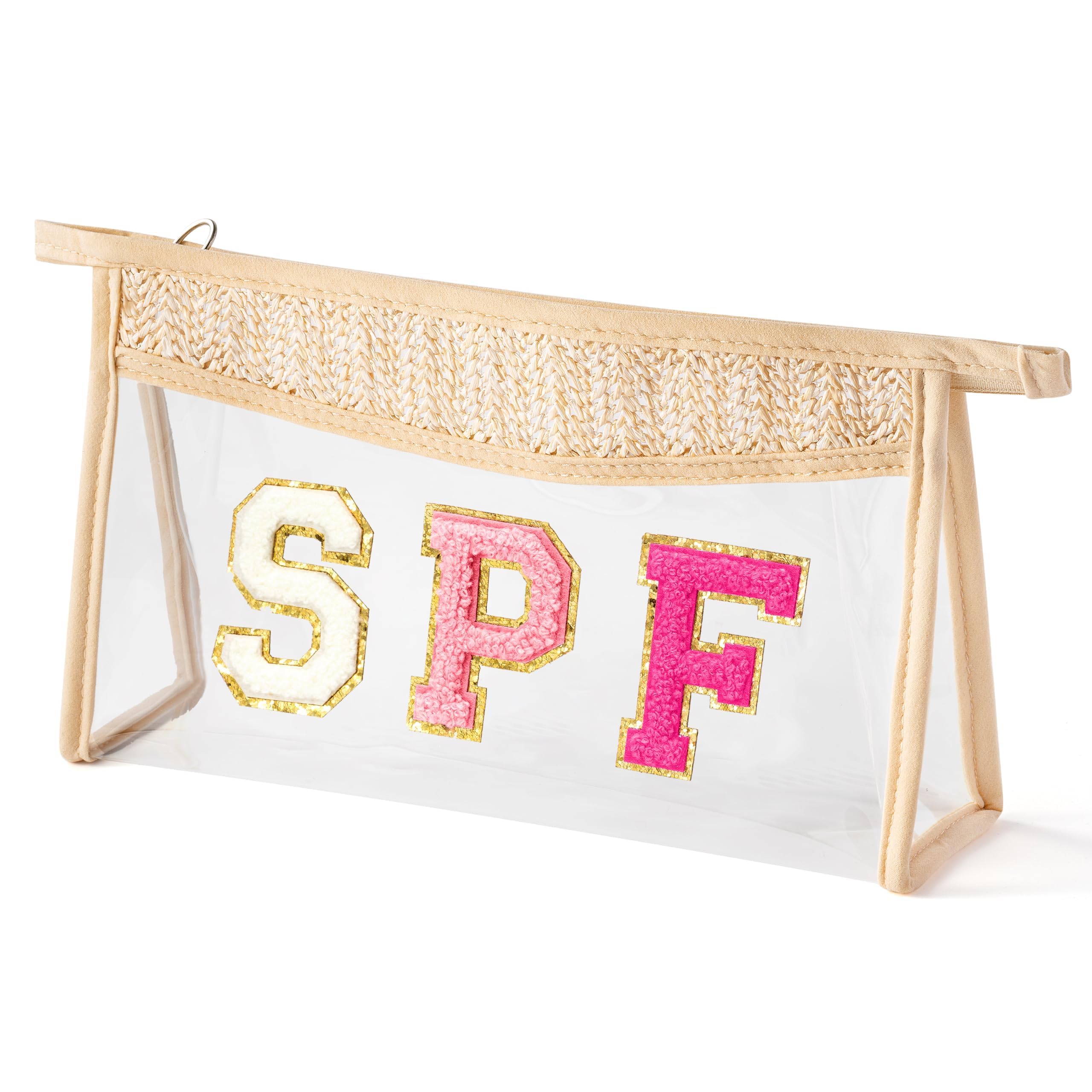 Belanttega Boho Patch Cosmetic Bag - Preppy SPF Rose Red Chenille Varsity Letter Clear Toiletry Kit Waterproof Portable Makeup Bag PVC Zipper Travel