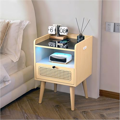Miniatura 1 de Vagusicc Mesita de noche LED con estación de carga inalámbrica, mesa auxiliar de ratán con cajón y estante de almacenamiento abierto, mesa auxiliar