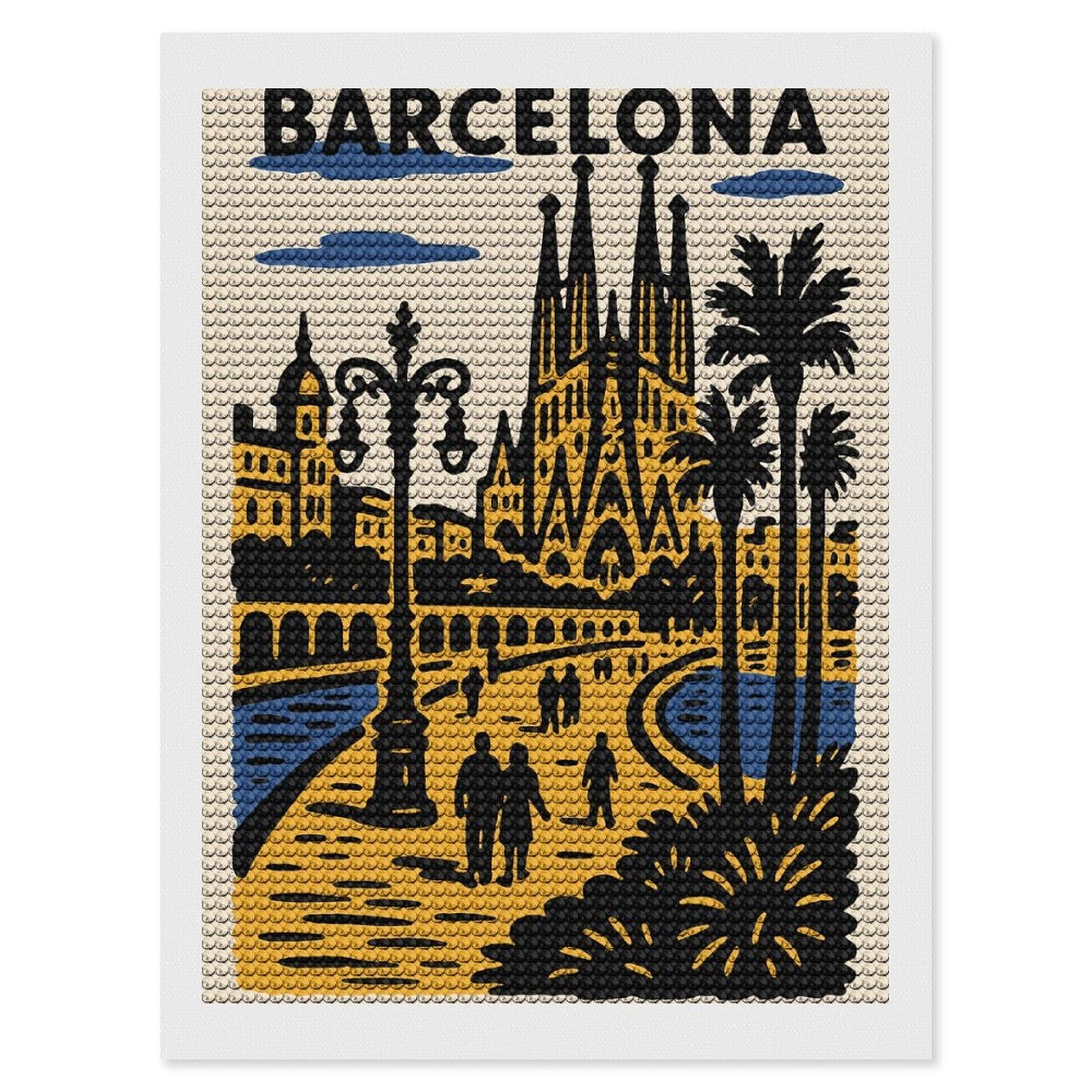 Junmoney Barcelona Travel (4) Diamond Art Kit 12"x16", Gift Idea, for Family Craft Time, Mindful Craft Activity, Boho Decor, Relaxing DIY Hobby