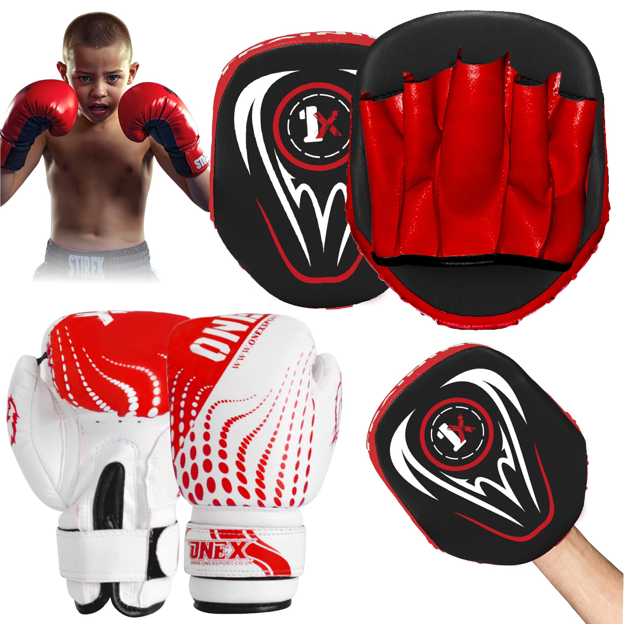 ONEX Boxing Set, Boxing Gloves, Kids Focus Pad, Punching Bag Set, Target Boxing Set, Training Set, MMA Set, Training Set, Hook & Jab Strike Pads For Boys & Girls (Red)