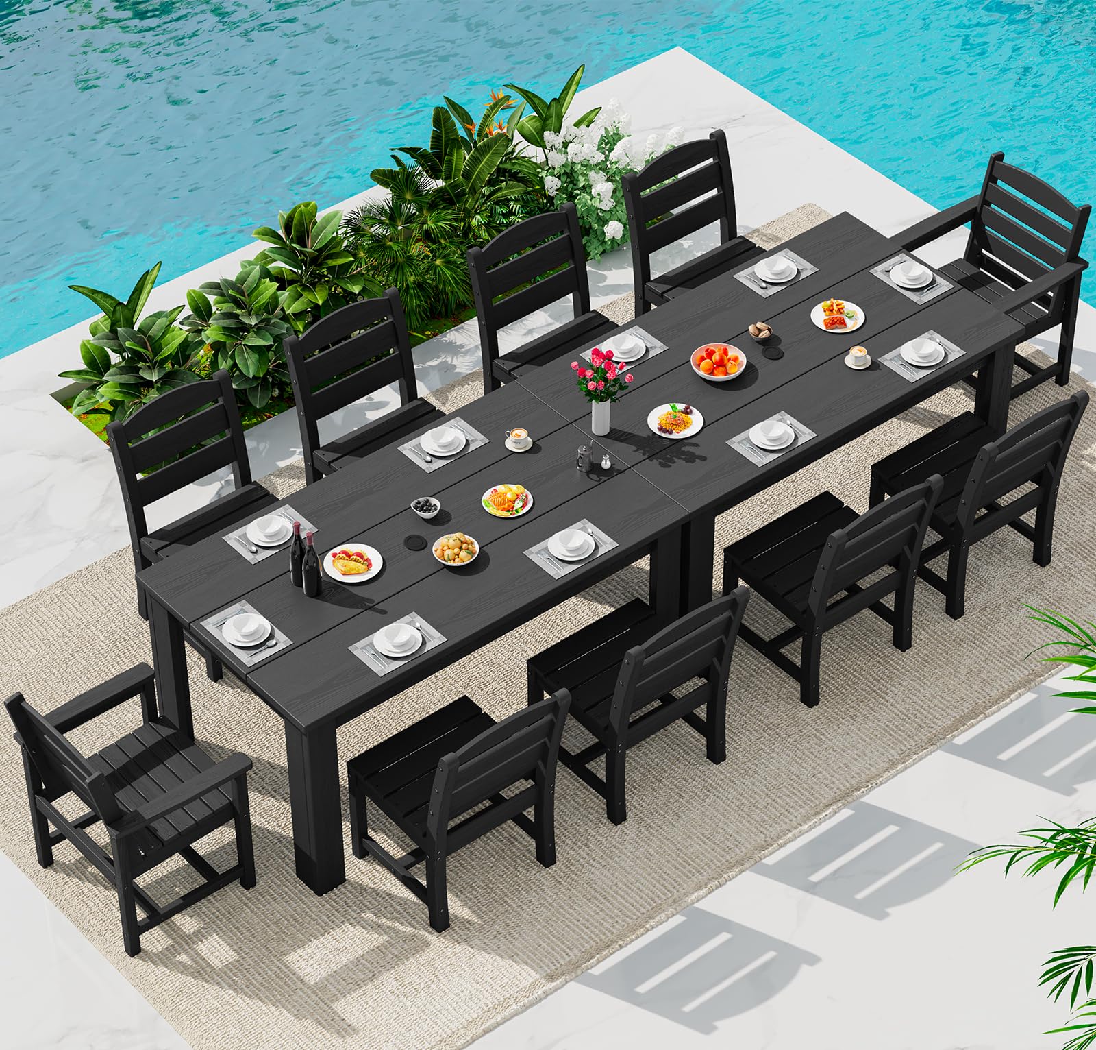 SERWALL Outdoor Dining Set for 10, w/ 2 Tables &amp; 10 Chairs, Black