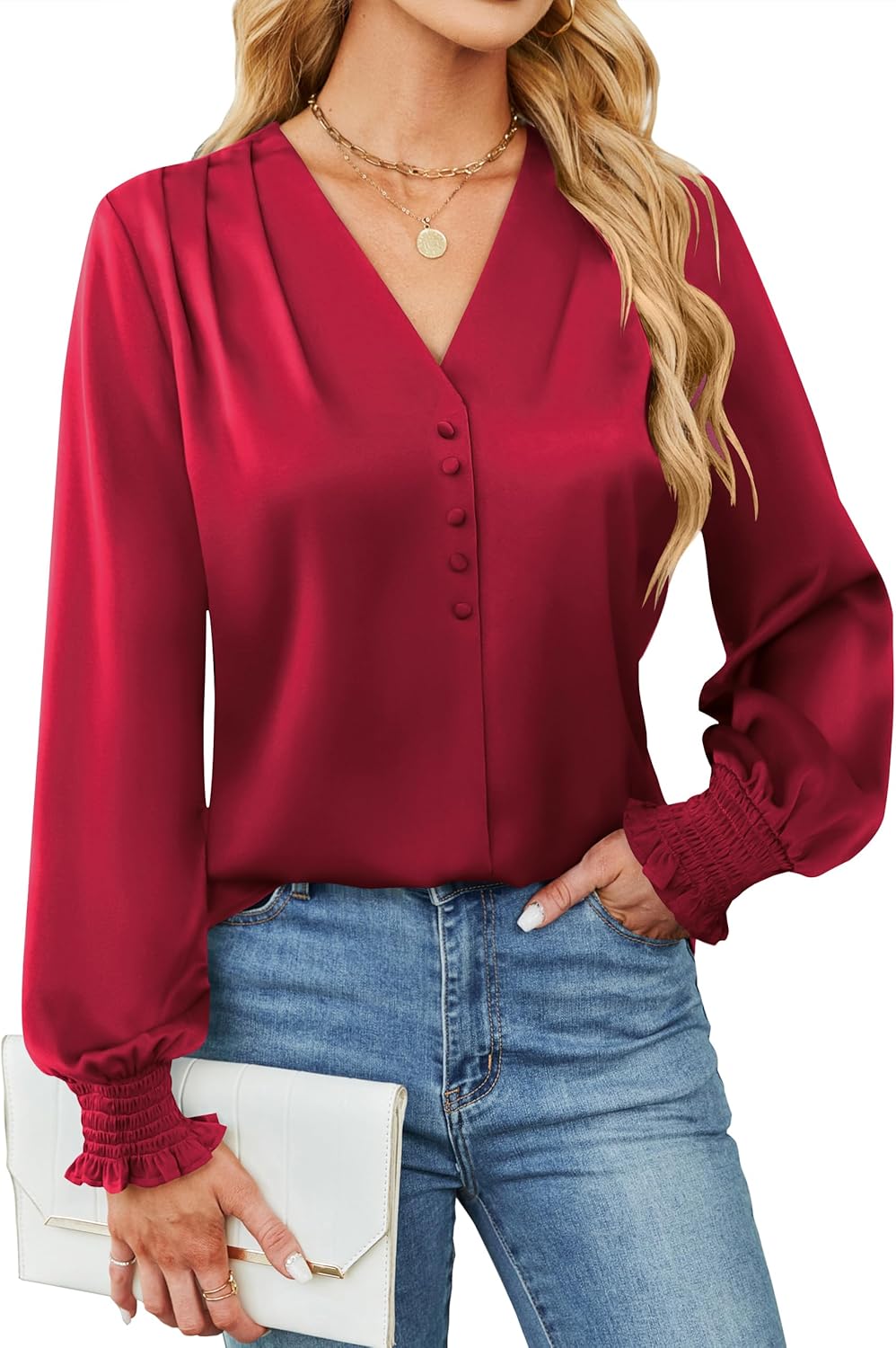 BMJL Women's Blouses Dressy Casual Satin Silk Long Sleeve Shirts Business Casual Tops