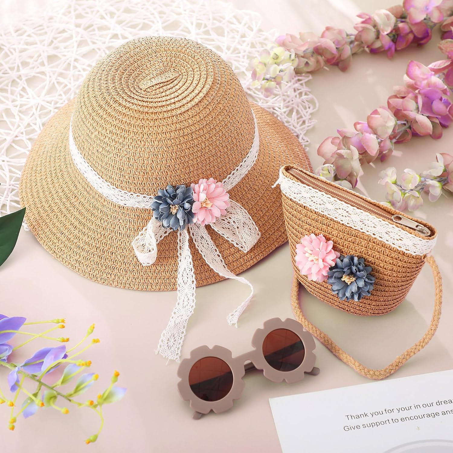 Xtinmee 3 Pcs Summer Hat Bag Sunglasses Set Straw Hat Pocket Bag Flower Round Sunglasses for Kids Activities Outdoor - Image 2